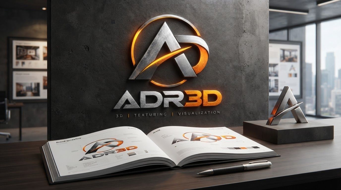 Client presentation mockup for  brand. Polished scene showing the design direction applied to a realistic surface, screen, poster, or object, premium agency presentation style, no readable placeholder text.

Incorporate the attached brand element reference image (Reference A: brand element "ADR3D") into the composition where natural — preserve the depicted brand element's appearance.