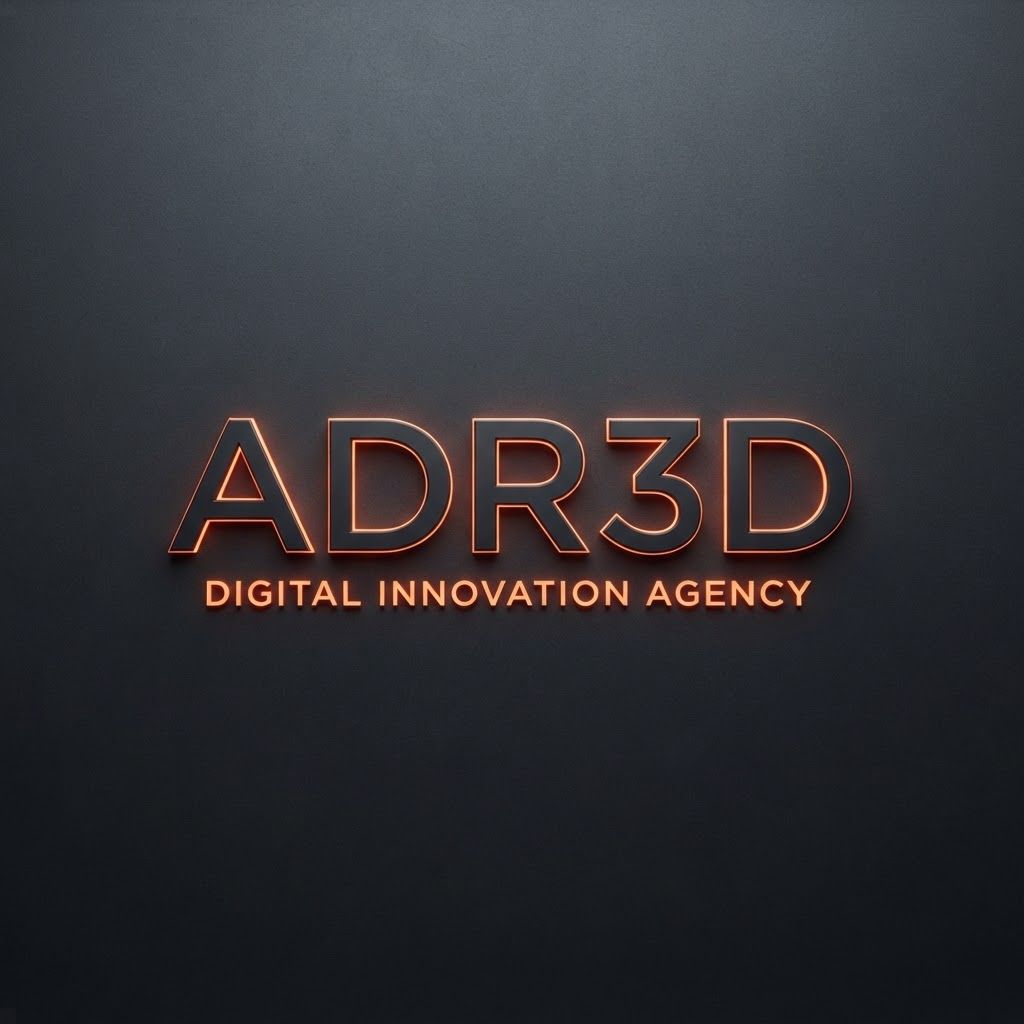 A professional, minimalist logo design for "ADR3D", flat matte charcoal background, sleek typography, subtle glowing neon orange highlights on the edges of the lettering, high-end agency aesthetic, clean lines, 8k resolution.