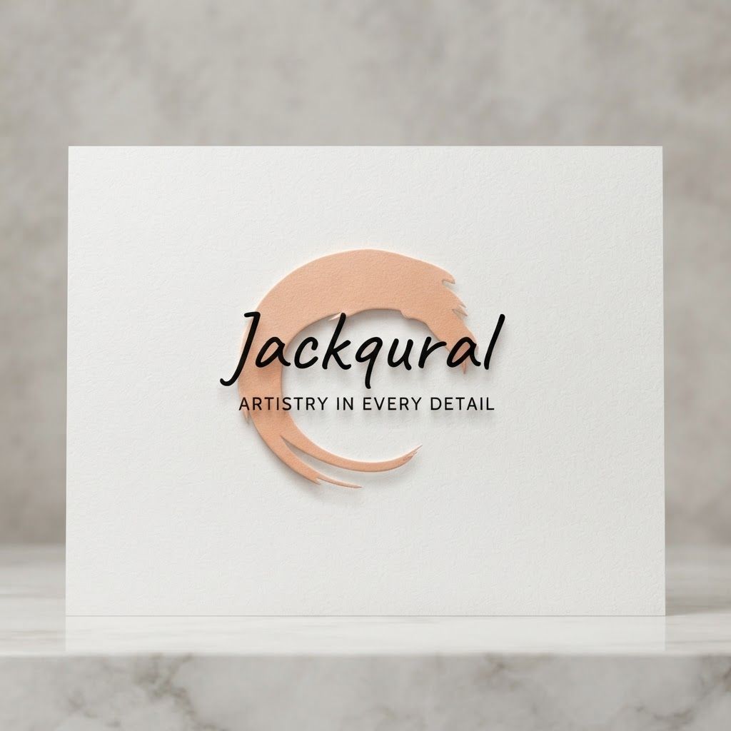 AI Design for Premium logo presentation mockup concept for Showcase the Jackqural brand identity with a clean, minimalist product presentation featuring the warm peach brushstroke logo on a crisp white surface.. Logo or brand mark displayed on a clean neutral surface with subtle depth, refined shadow, precise alignment, elegant design-studio presentation, no extra readable text.

Feature the product (Jackqural Logo) from the attached product reference image as the central subject — preserve its shape, color, logos, and details with full fidelity. A digital screen capture of an online logo maker showing the Jackqural brand name in black script typography overlaid on a soft peach-colored brushstroke graphic with the tagline 'ARTISTRY IN EVERY DETAIL'.