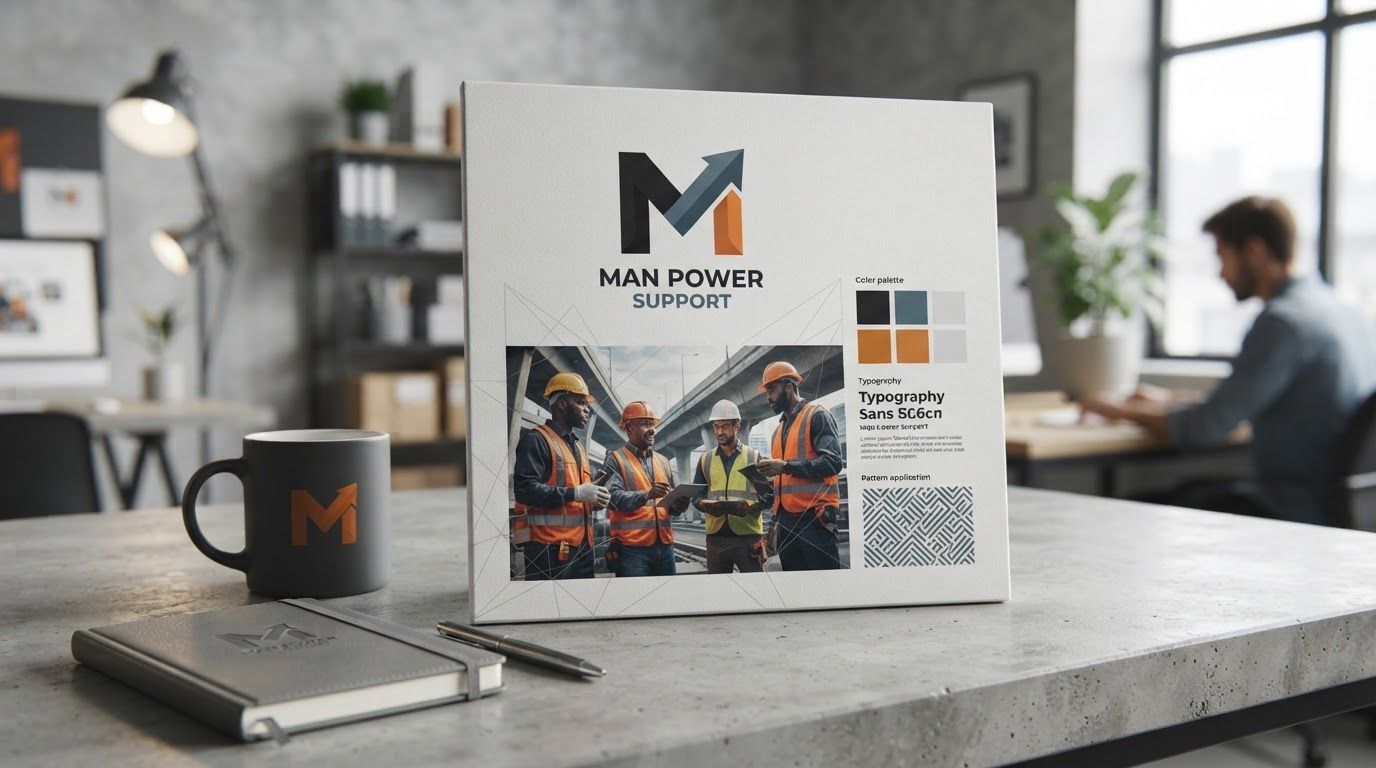 AI Design for Client presentation mockup concept for “MAN POWER SUPPORT – 1:1 ratio  no text and webp image i want. Polished scene showing the design direction applied to a realistic surface, screen, poster, or object, premium agency presentation style, no readable placeholder text.