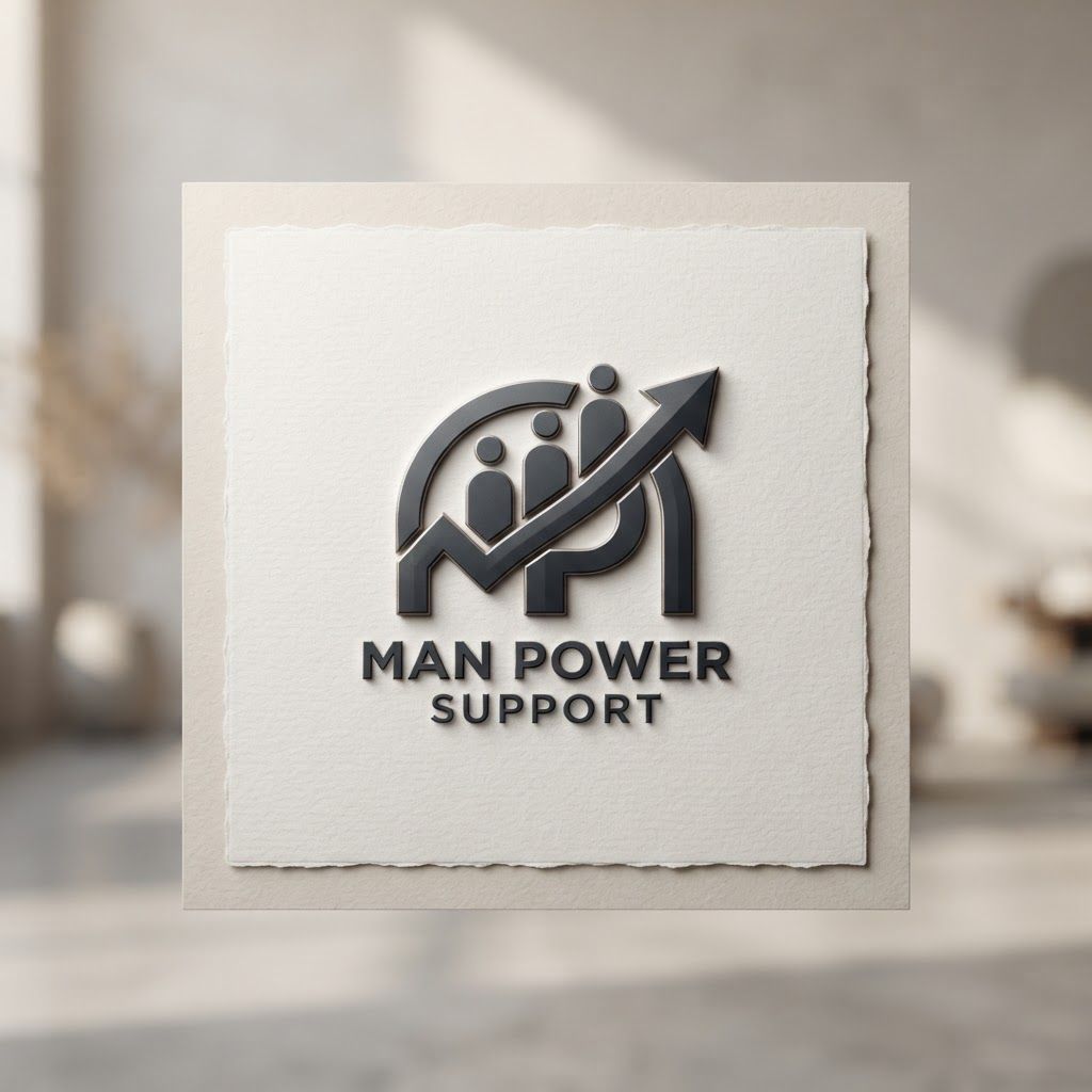AI Design for Premium logo presentation mockup concept for “MAN POWER SUPPORT – 1:1 ratio  no text and webp image i want. Logo or brand mark displayed on a clean neutral surface with subtle depth, refined shadow, precise alignment, elegant design-studio presentation, no extra readable text.