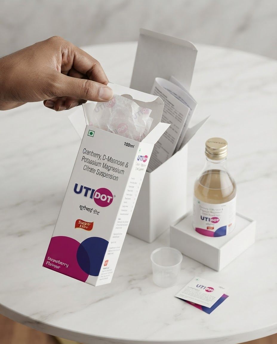 AI Design for Packaging and unboxing scene for UTI DOT Medicine Box. A hand holding a white rectangular medicine box labeled UTI DOT containing cranberry, d-mannose, and potassium magnesium citrate suspension in a 100ml size, featuring magenta and dark blue abstract circles at the bottom. Product and packaging arranged in a polished tabletop composition, realistic folds, inserts, tissue, or box details where appropriate, premium ecommerce styling, no invented readable copy.