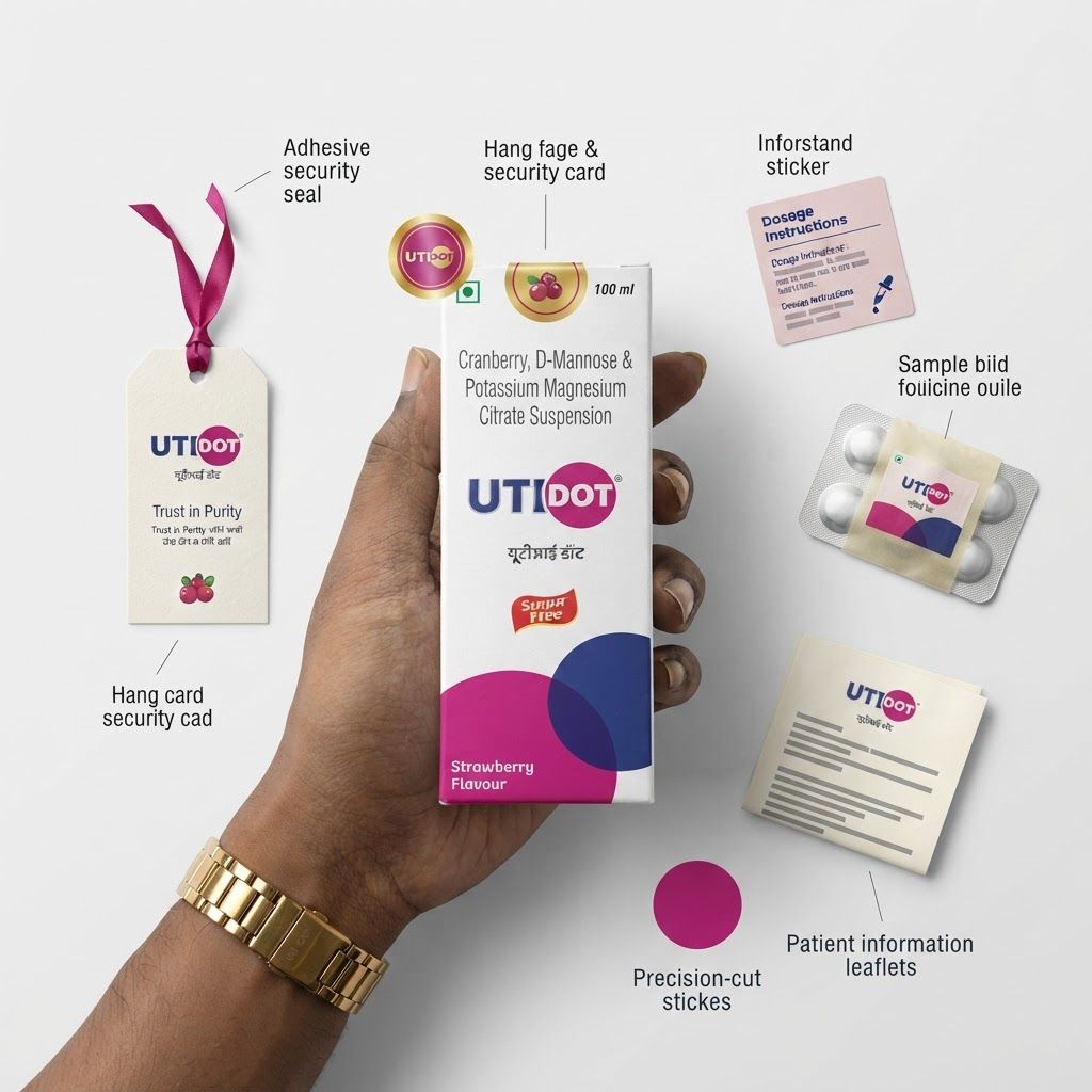 AI Design for Cohesive label system mockup concept for Professional e-commerce product photography of the UTI DOT medicine box against a neutral white background with crisp shadows.. Product labels, stickers, seals, hang tags, or small packaging details arranged as a refined identity system, realistic print materials, no invented readable copy.

Feature the product (UTI DOT Medicine Box) from the attached product reference image as the central subject — preserve its shape, color, logos, and details with full fidelity. A hand holding a white rectangular medicine box labeled UTI DOT containing cranberry, d-mannose, and potassium magnesium citrate suspension in a 100ml size, featuring magenta and dark blue abstract circles at the bottom.