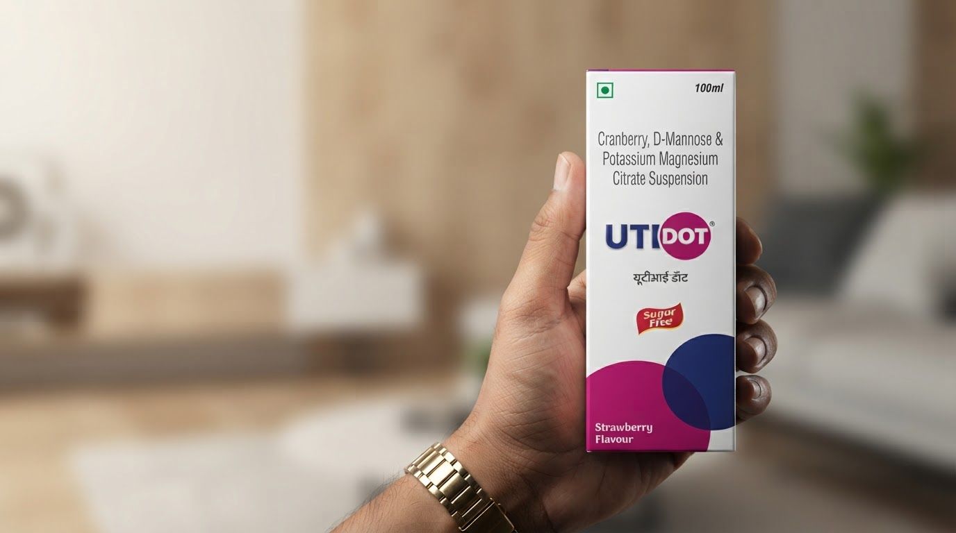 AI Design for Wide campaign hero photograph for UTI DOT Medicine Box. A hand holding a white rectangular medicine box labeled UTI DOT containing cranberry, d-mannose, and potassium magnesium citrate suspension in a 100ml size, featuring magenta and dark blue abstract circles at the bottom. Premium advertising composition with the product as focal point, cinematic lighting, clean negative space on one side for copy to be added later, no rendered words or logos beyond the reference product.
