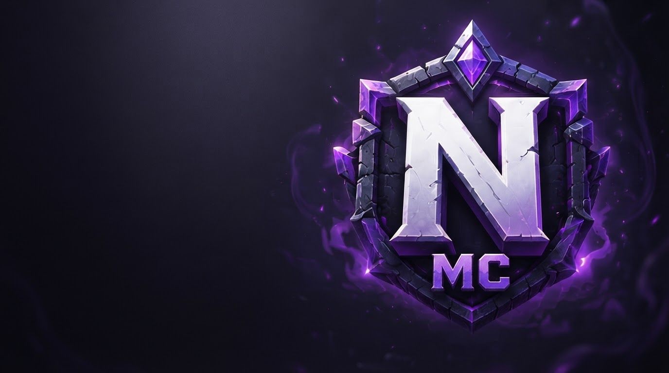 AI Design for Wide campaign hero photograph for NMC Shield Emblem. A digital emblem featuring a dark stone shield outlined in purple light, centered with a large silver-white letter N and smaller letters MC below, topped with a glowing purple gem. Premium advertising composition with the product as focal point, cinematic lighting, clean negative space on one side for copy to be added later, no rendered words or logos beyond the reference product.