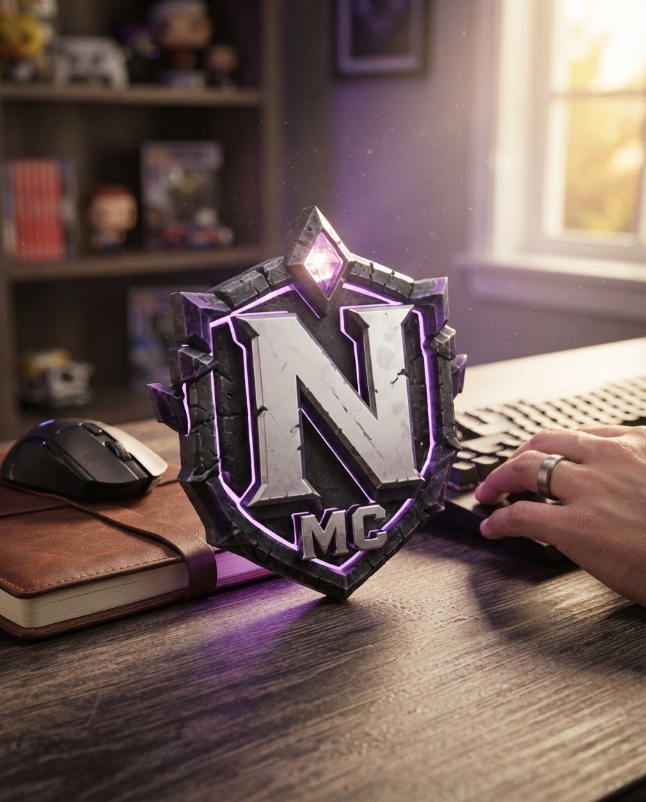 AI Design for Lifestyle product photograph of NMC Shield Emblem being naturally used in a believable real-world setting. A digital emblem featuring a dark stone shield outlined in purple light, centered with a large silver-white letter N and smaller letters MC below, topped with a glowing purple gem. Human-scale context, warm natural light, editorial composition, shallow depth of field, product clearly visible and undistorted.