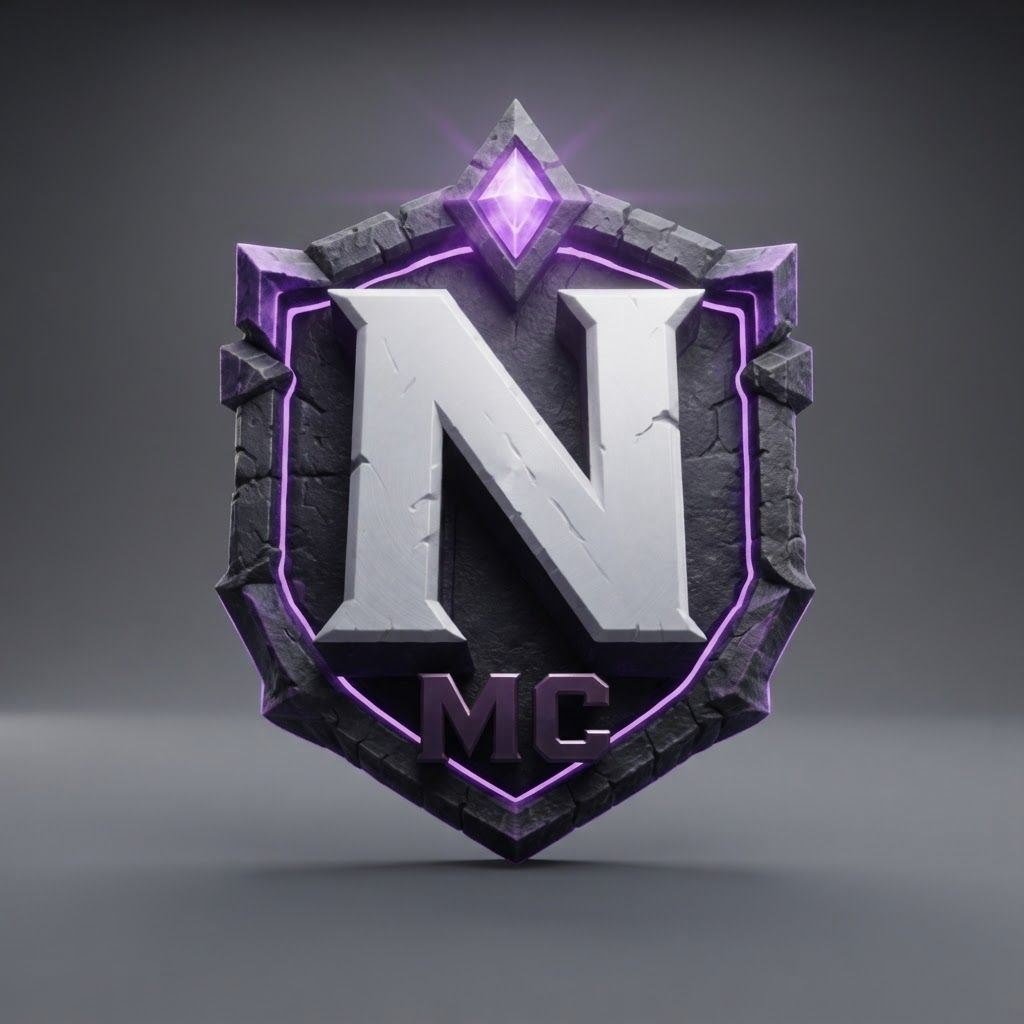 AI Design for High-end studio product photograph of NMC Shield Emblem. A digital emblem featuring a dark stone shield outlined in purple light, centered with a large silver-white letter N and smaller letters MC below, topped with a glowing purple gem. Product centered as the clear hero, clean neutral background, controlled softbox lighting, realistic contact shadow, crisp edges, accurate material texture, no readable text added.
