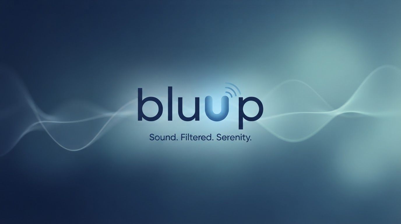 AI Design for Website hero image concept for create a logo for noiser earplug brand called bluup and also its has to be has some meaning i want some typography type meaning. Wide polished digital brand visual, clear focal identity element, cohesive colors and atmosphere, generous negative space for headline and CTA to be added later, no rendered UI text.