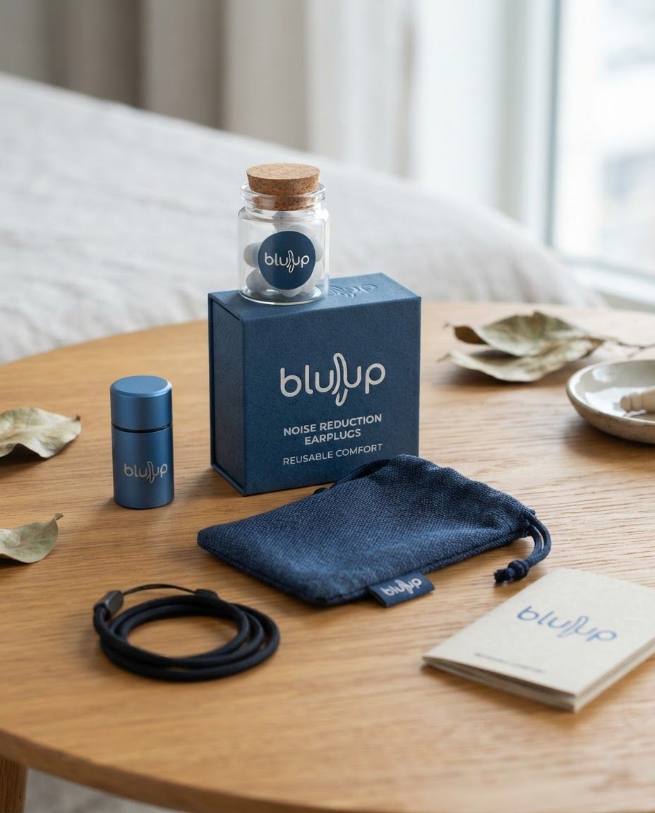 AI Design for Premium packaging mockup concept for create a logo for noiser earplug brand called bluup and also its has to be has some meaning i want some typography type meaning. Brand identity applied to realistic boxes, pouches, labels, wraps, or bags as appropriate, polished tabletop scene, tactile materials, no invented readable copy.