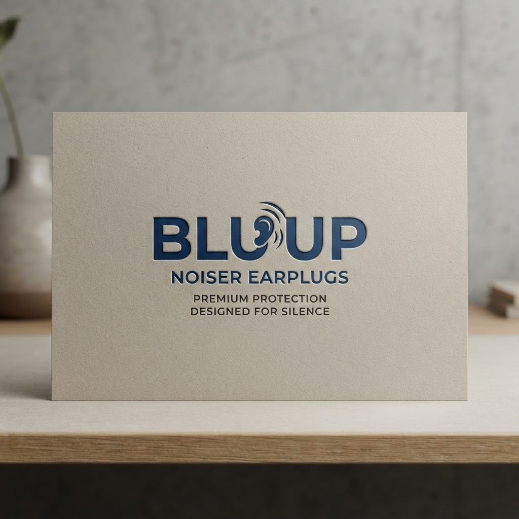 AI Design for Premium logo presentation mockup concept for create a logo for noiser earplug brand called bluup and also its has to be has some meaning i want some typography type meaning. Logo or brand mark displayed on a clean neutral surface with subtle depth, refined shadow, precise alignment, elegant design-studio presentation, no extra readable text.