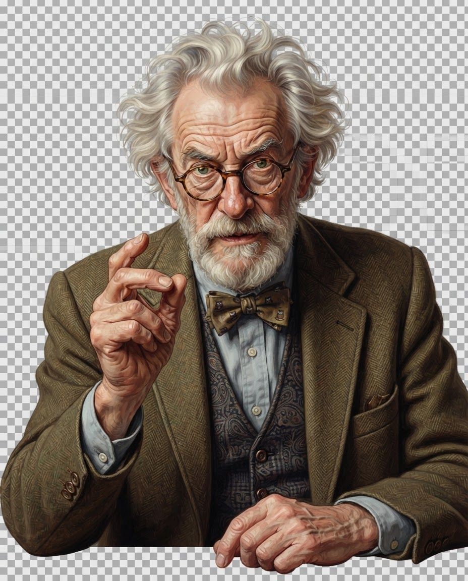 AI Design for Create an original, professionally illustrated character design of Professor Snook, an older British male university professor with a highly recognizable, eccentric academic presence. The character should feel intelligent, authoritative, dryly sarcastic, slightly arrogant, and perpetually mildly irritated, while remaining visually charismatic and memorable.
FACIAL DESIGN & LIKENESS:
Preserve the essential visual identity established in the supplied Professor Snook references. He is an elderly distinguished British academic with a long, expressive face, prominent forehead, strong nose, deep forehead lines, pronounced nasolabial folds, and naturally aged facial features. His expression should communicate intelligence, skepticism, impatience, and intellectual superiority rather than anger. His eyes should be alert and penetrating, as though he has just heard an exceptionally foolish question.
He has thick white-to-silver hair, naturally unruly and slightly eccentric, with volume and loose strands rather than a perfectly groomed hairstyle. His beard and moustache are full, white/gray, and somewhat tousled, contributing to his eccentric-professor appearance.
He wears round academic glasses, positioned naturally on his face and integrated into his expression. The glasses should become an important recurring identifying feature of the character.
AGE & CHARACTER PRESENCE:
Clearly portray him as an older, experienced professor rather than simply an elderly man. His posture, facial expression, clothing, and gestures should suggest decades of academic authority. He should look like someone accustomed to being listened to—and mildly offended when people don't.
CLOTHING:
Dress Professor Snook in sophisticated traditional professorial clothing: a textured brown/earth-toned tweed jacket, academic waistcoat, pale button-up shirt, and distinctive vintage bow tie. Clothing should feel authentically scholarly, slightly old-fashioned, and carefully lived-in rather than costume-like. Include subtle fabric texture and natural folds.
PRIMARY POSE:
Use a seated professor pose broadly corresponding to the supplied reference: Professor Snook seated behind a desk, leaning slightly forward with an engaged, authoritative posture. One hand may be raised in an emphatic explanatory gesture, suggesting that he is correcting someone's misunderstanding. His body language should communicate “I have already explained this, but apparently I must explain it again.”
EXPRESSION:
The key expression is a combination of:
intellectual confidence
dry sarcasm
restrained irritation
skepticism
authority
understated amusement
Avoid making him look genuinely hostile or sinister. His personality should read as witty, pedantic, intellectually arrogant, eccentric, and knowingly sarcastic.
ART DIRECTION:
Highly polished professional character illustration with strong observational drawing, convincing anatomy, expressive facial construction, carefully rendered hair and beard, sophisticated fabric treatment, and controlled painterly detail. Maintain a clear, reproducible character silhouette and distinctive facial proportions so the character can remain visually consistent across future poses and expressions.
IMPORTANT CHARACTER-CONSISTENCY REQUIREMENT:
This should function as the master character design for future illustrations. Preserve consistent facial proportions, hairstyle, beard shape, glasses, clothing language, age, personality, and overall silhouette so subsequent poses and expressions can clearly be recognized as the same Professor Snook.
DELIVERABLE DIRECTION:
Produce the character as a clean, isolated artwork on a transparent background, with sufficient resolution for video, social media, advertising, animation, promotional materials, merchandise, and future derivative artwork. The master artwork should have enough compositional flexibility to work in both 9:16 vertical (1080×1920) and 16:9 horizontal (1920×1080) formats.
BACKGROUND:
Do not treat the university office as the primary artwork. The client explicitly considers the character more important than the environment and intends to place Professor Snook over different backgrounds.
ORIGINALITY:
Create an original interpretation based on the supplied references rather than tracing, copying, or reproducing the reference image pixel-for-pixel. The final artwork should be independently created and free of third-party copyrighted visual elements that cannot be transferred to the client.
Most important visual priority: recognition and character consistency over background complexity. The client's stated goal is for viewers to immediately recognize the definitive Professor Snook character and for that artwork to become the master reference for future poses, expressions, animation, and commercial applications.