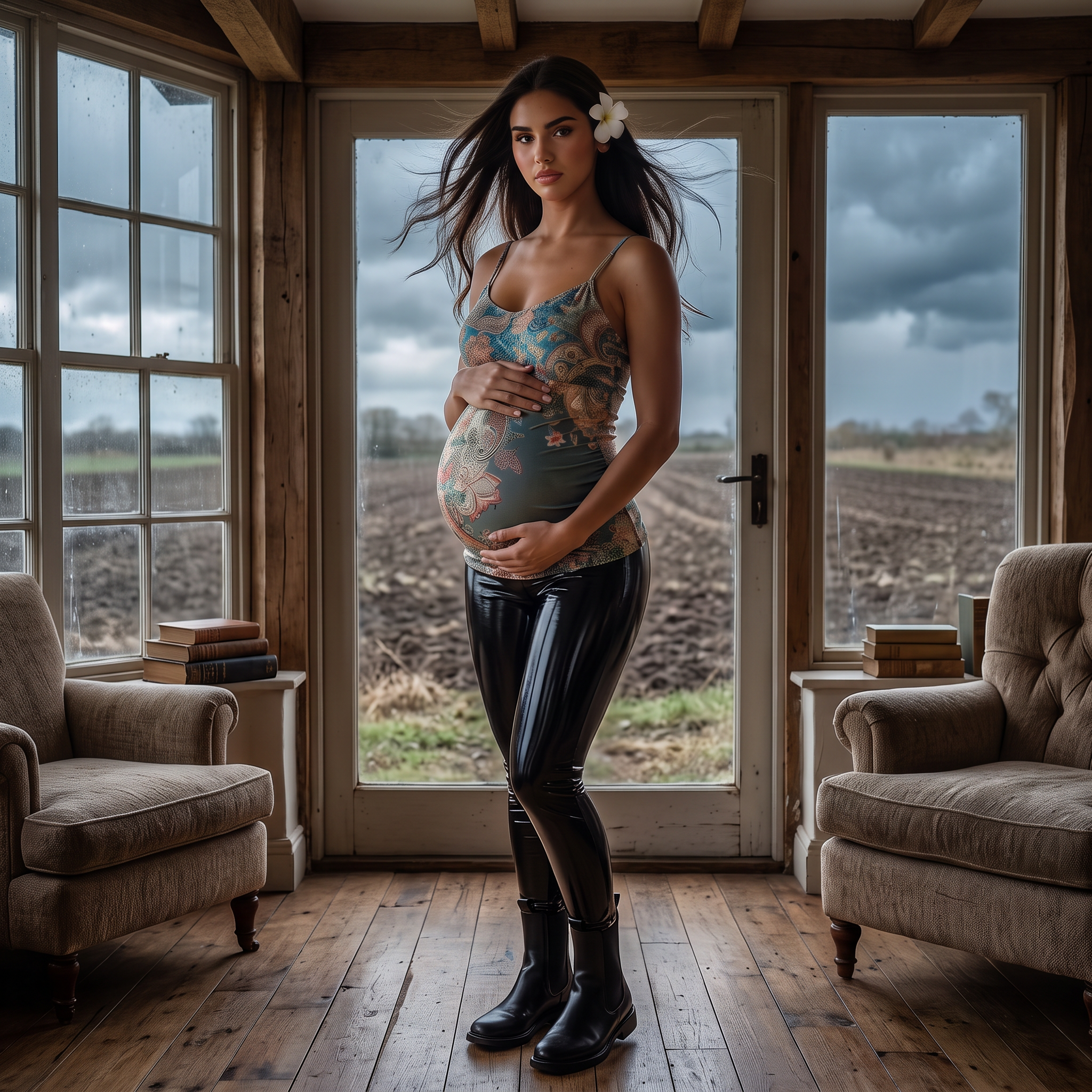 AI Design for pregnant Leah Halton is in her house near moody field alone in this outfit and her hair is flying but her leggings are shiny