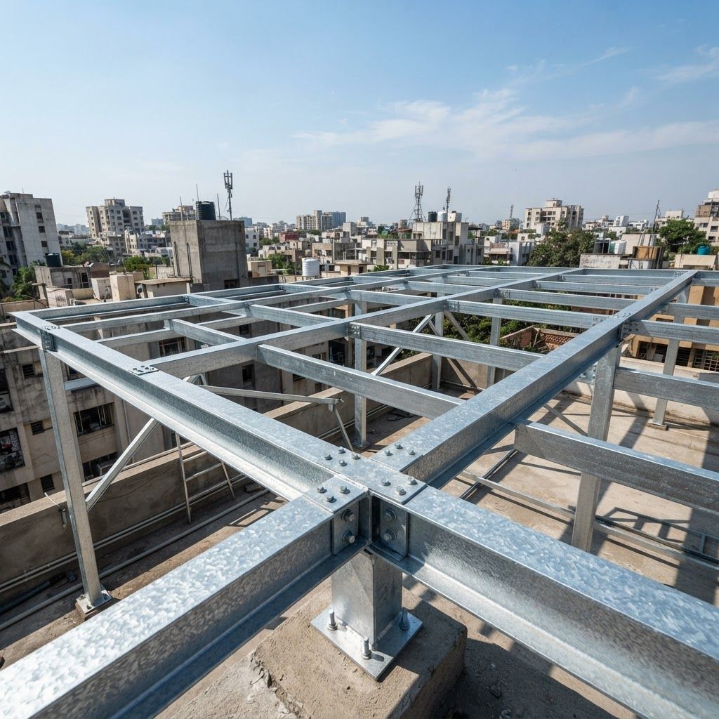 AI Design for A professional architectural photograph of a structural framework installed on an elevated Indian rooftop, featuring clearly visible 5-inch C HDGI steel beams with a distinctive 80-micron zinc coating texture. Captured in bright, natural daylight with a wide-angle perspective showcasing the industrial installation against a clear blue urban sky, emphasizing precise engineering details and metallic finishes.