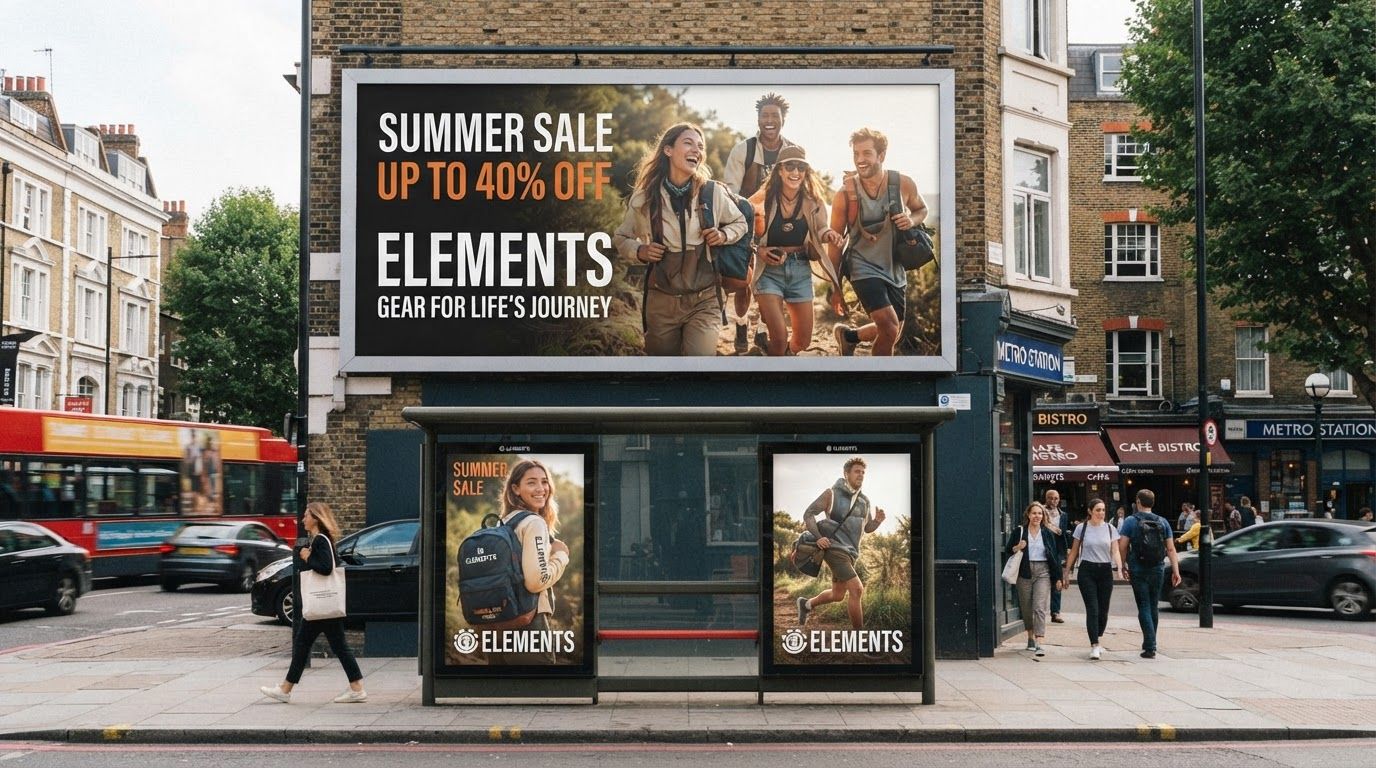 AI Design for Out-of-home campaign mockup concept for Sale campaign visuals for my product line. Billboard, transit poster, or street display in a realistic environment, strong campaign imagery, believable scale and lighting, no readable fake ad copy.