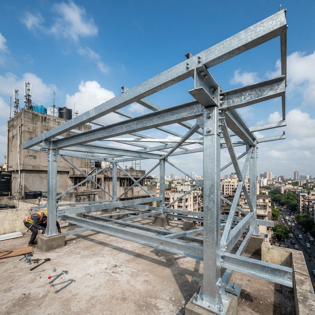 AI Design for A professional architectural photograph of a structural framework installed on an elevated Indian rooftop, featuring clearly visible 5-inch C HDGI steel beams with a distinctive 80-micron zinc coating texture. Captured in bright, natural daylight with a wide-angle perspective showcasing the industrial installation against a clear blue urban sky, emphasizing precise engineering details and metallic finishes.