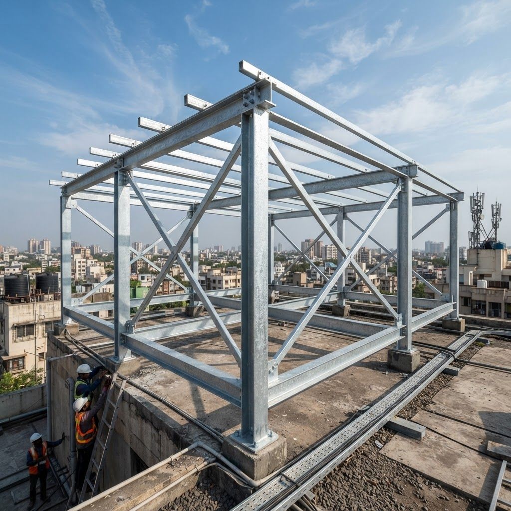 AI Design for A professional architectural photograph of a structural framework installed on an elevated Indian rooftop, featuring clearly visible 5-inch C HDGI steel beams with a distinctive 80-micron zinc coating texture. Captured in bright, natural daylight with a wide-angle perspective showcasing the industrial installation against a clear blue urban sky, emphasizing precise engineering details and metallic finishes.