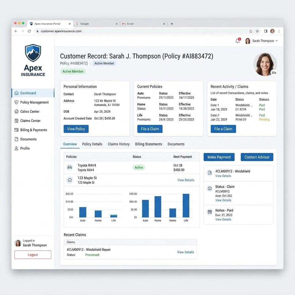 AI Design for Insurance castumar record website
