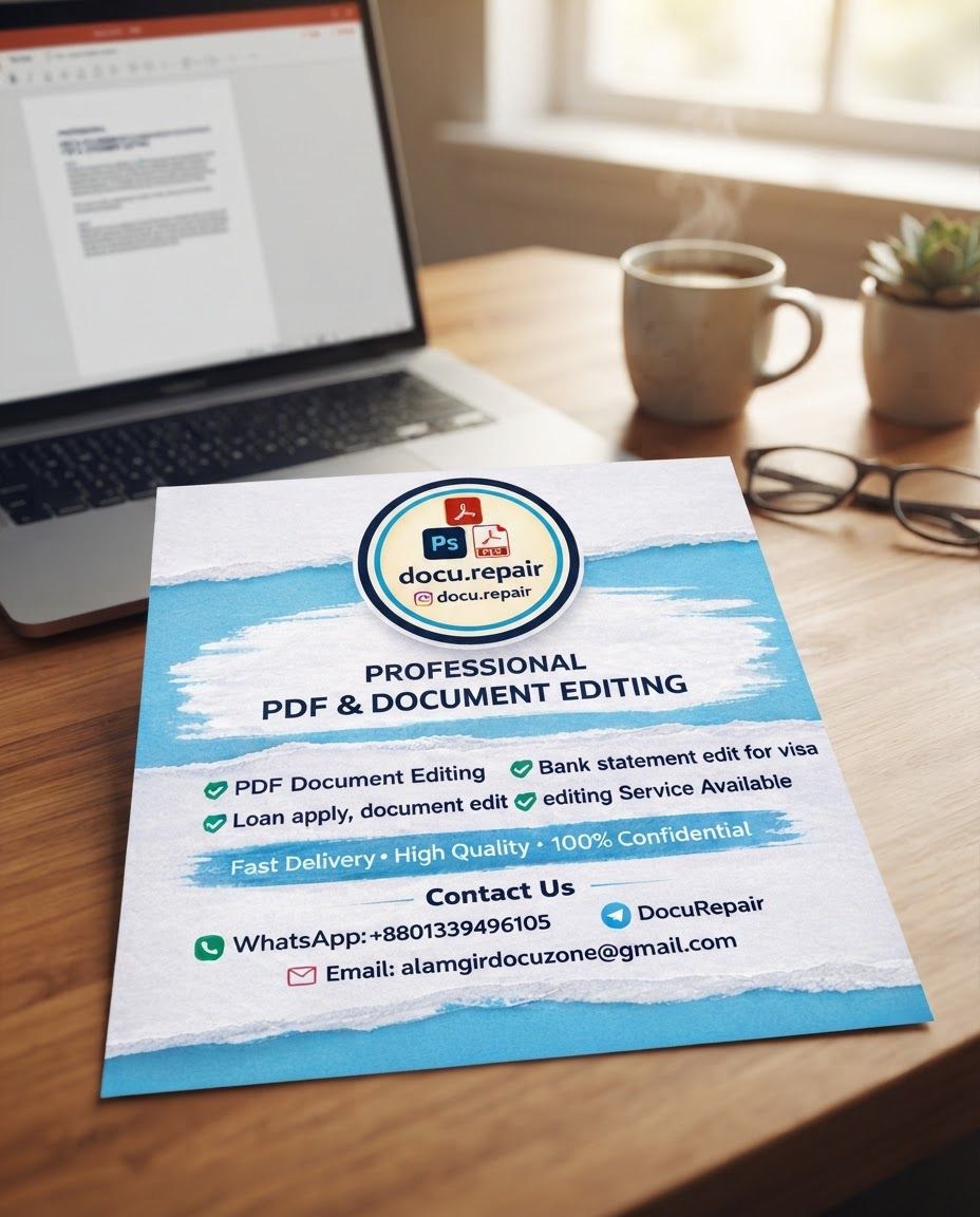 AI Design for Lifestyle product photograph of docu.repair advertisement being naturally used in a believable real-world setting. An informational advertisement graphic featuring blue torn paper textures, a central circular logo for docu.repair with software icons, and bulleted text listing professional PDF and document editing services.
An informational advertisement graphic featuring blue torn paper textures, a central circular logo for docu.repair with software icons, and bulleted text listing professional PDF and document editing services. Human-scale context, warm natural light, editorial composition, shallow depth of field, product clearly visible and undistorted.