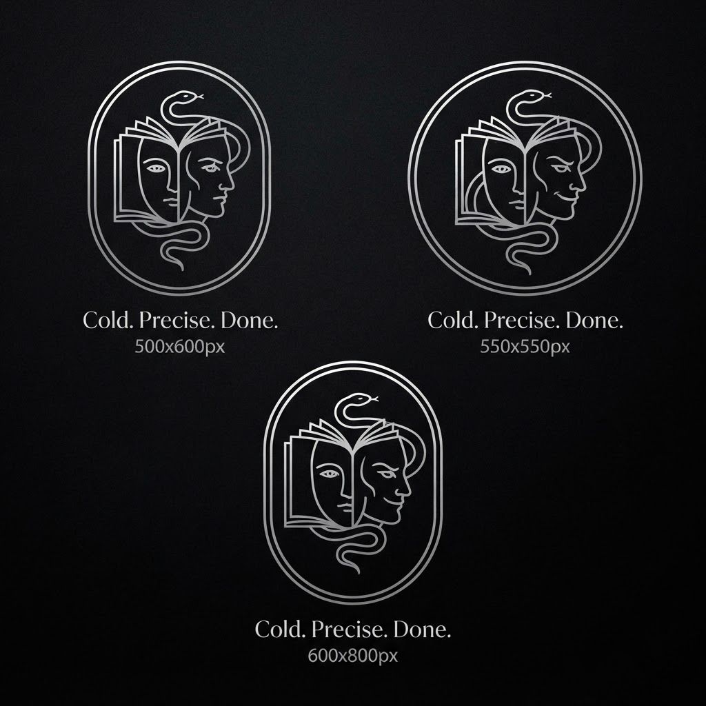 AI Design for Create a minimalist logo for a personal brand. Style: strict, expensive, cold, restrained. Only black, white and silver colors. No bright shades.

Central image: two-faced Janus — two faces looking in opposite directions. One face is calm and cold, the other is tough with a slight smirk. Faces are drawn with thin, clear lines, no extra details.

One side of the face smoothly transitions into an open book — the pages are a continuation of the profile. The book symbolizes literature, knowledge, control.

Second element: a thin snake coiling around the book or passing through the face. The snake is restrained, not aggressive — a symbol of coldness, greed and precision.

Logo shape: circle or vertical oval. Suitable for a social media avatar and for printing on business cards.

Replace the text. Use exactly: "Cold. Precise. Done." in a strict thin font below the logo. No other words. Background: transparent or deep black.  сделай ее в разных стилях на свое усмотрение , чуть более детализированно , и чтобы я могла сохранить