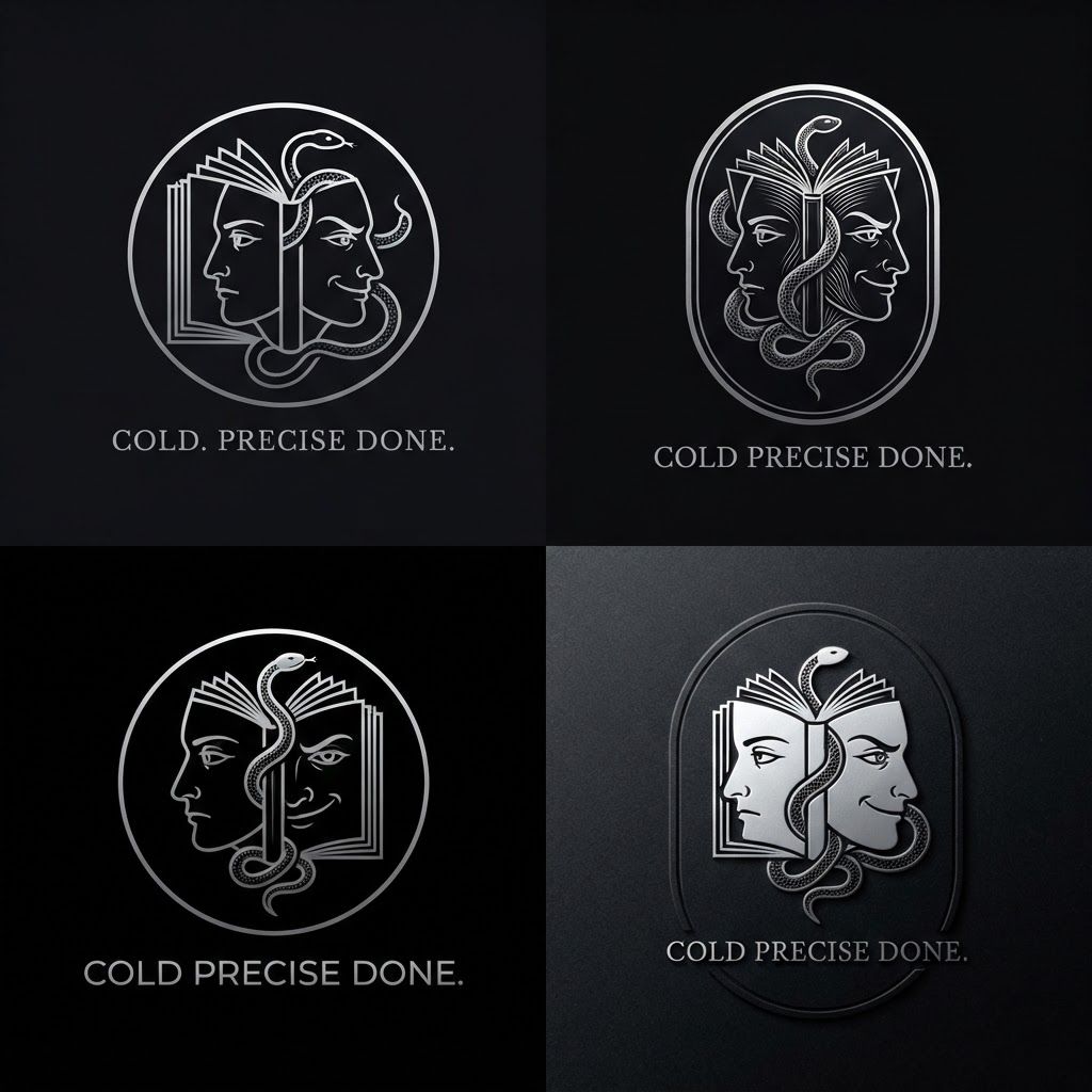 AI Design for Create a minimalist logo for a personal brand. Style: strict, expensive, cold, restrained. Only black, white and silver colors. No bright shades.

Central image: two-faced Janus — two faces looking in opposite directions. One face is calm and cold, the other is tough with a slight smirk. Faces are drawn with thin, clear lines, no extra details.

One side of the face smoothly transitions into an open book — the pages are a continuation of the profile. The book symbolizes literature, knowledge, control.

Second element: a thin snake coiling around the book or passing through the face. The snake is restrained, not aggressive — a symbol of coldness, greed and precision.

Logo shape: circle or vertical oval. Suitable for a social media avatar and for printing on business cards.

Replace the text. Use exactly: "Cold. Precise. Done." in a strict thin font below the logo. No other words. Background: transparent or deep black.  сделай ее в разных стилях на свое усмотрение , чуть более детализированно , и чтобы я могла сохранить
