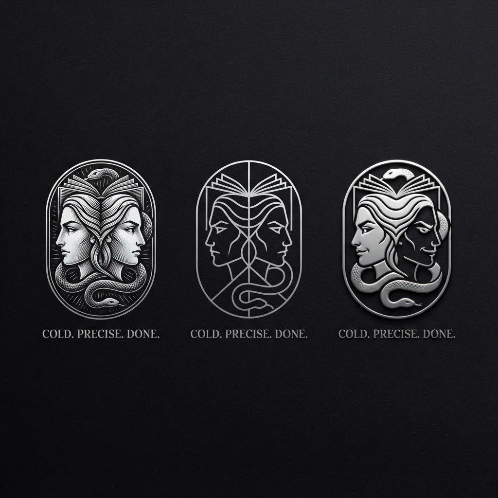 AI Design for Create a minimalist logo for a personal brand. Style: strict, expensive, cold, restrained. Only black, white and silver colors. No bright shades.

Central image: two-faced Janus — two faces looking in opposite directions. One face is calm and cold, the other is tough with a slight smirk. Faces are drawn with thin, clear lines, no extra details.

One side of the face smoothly transitions into an open book — the pages are a continuation of the profile. The book symbolizes literature, knowledge, control.

Second element: a thin snake coiling around the book or passing through the face. The snake is restrained, not aggressive — a symbol of coldness, greed and precision.

Logo shape: circle or vertical oval. Suitable for a social media avatar and for printing on business cards.

Replace the text. Use exactly: "Cold. Precise. Done." in a strict thin font below the logo. No other words. Background: transparent or deep black.  сделай ее в разных стилях на свое усмотрение , чуть более детализированно , и чтобы я могла сохранить