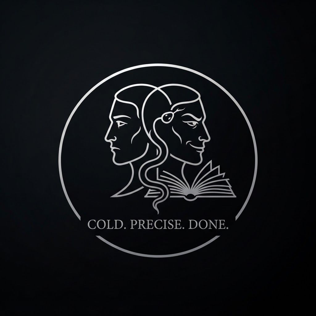 AI Design for Create a minimalist logo for a personal brand. Style: strict, expensive, cold, restrained. Only black, white and silver colors. No bright shades.

Central image: two-faced Janus — two faces looking in opposite directions. One face is calm and cold, the other is tough with a slight smirk. Faces are drawn with thin, clear lines, no extra details.

One side of the face smoothly transitions into an open book — the pages are a continuation of the profile. The book symbolizes literature, knowledge, control.

Second element: a thin snake coiling around the book or passing through the face. The snake is restrained, not aggressive — a symbol of coldness, greed and precision.

Logo shape: circle or vertical oval. Suitable for a social media avatar and for printing on business cards.

Replace the text. Use exactly: "Cold. Precise. Done." in a strict thin font below the logo. No other words. Background: transparent or deep black.