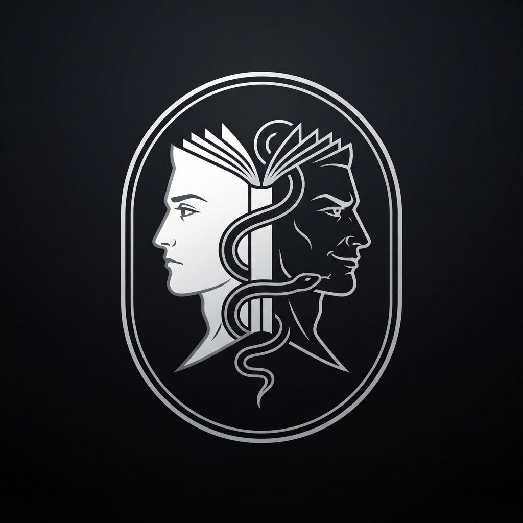 AI Design for Create a minimalist logo for a personal brand. Style: strict, expensive, cold, restrained. Only black, white and silver colors. No bright shades.
Central image: two-faced Janus — two faces looking in opposite directions. One face is calm and cold, the other is tough with a slight smirk. Faces are drawn with thin, clear lines, no extra details.
One side of the face smoothly transitions into an open book — the pages are a continuation of the profile. The book symbolizes literature, knowledge, control.
Second element: a thin snake coiling around the book or passing through the face. The snake is restrained, not aggressive — a symbol of coldness, greed and precision.
Logo shape: circle or vertical oval. Suitable for a social media avatar and for printing on business cards.
Background: transparent or deep black.