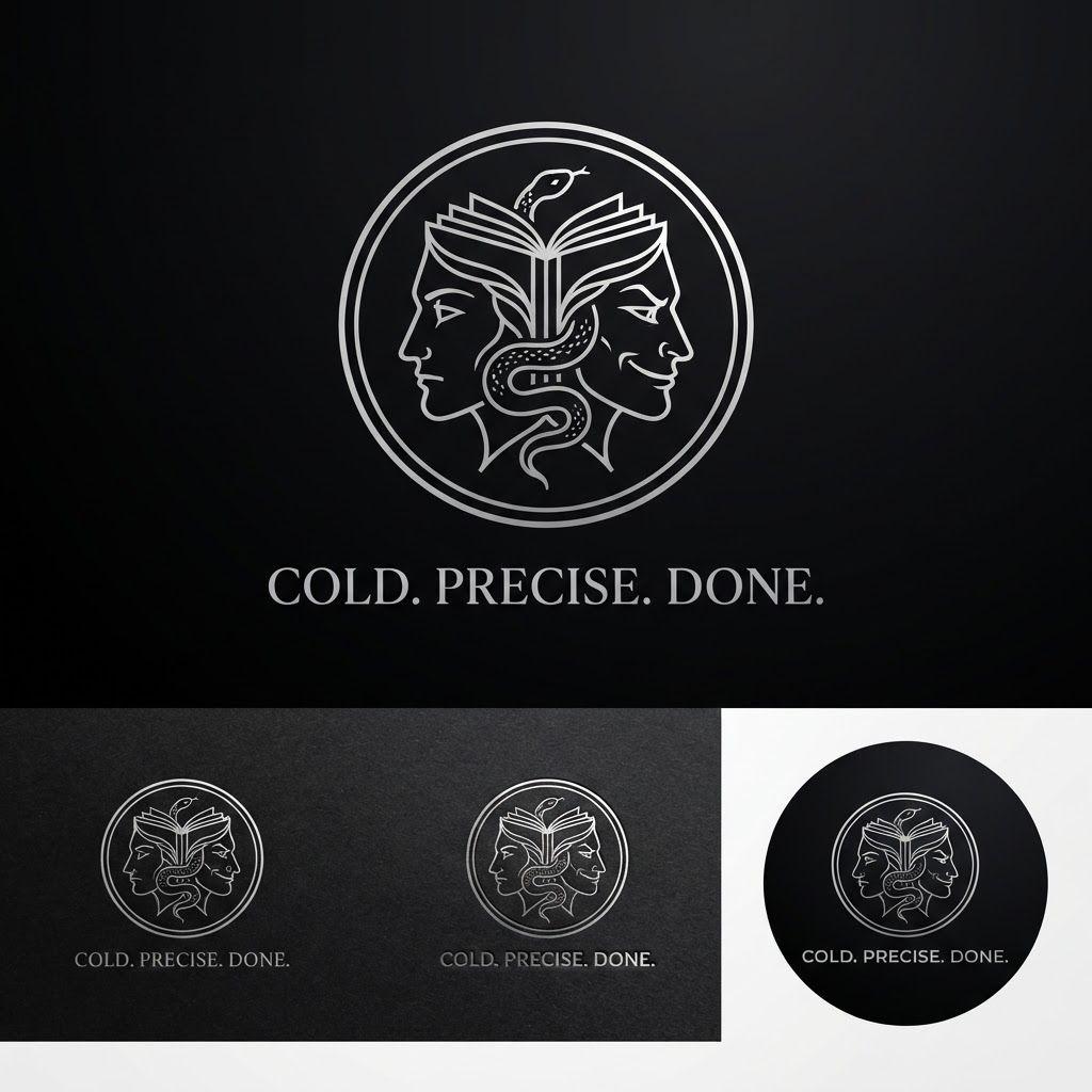 AI Design for Create a minimalist logo for a personal brand. Style: strict, expensive, cold, restrained. Only black, white and silver colors. No bright shades.

Central image: two-faced Janus — two faces looking in opposite directions. One face is calm and cold, the other is tough with a slight smirk. Faces are drawn with thin, clear lines, no extra details.

One side of the face smoothly transitions into an open book — the pages are a continuation of the profile. The book symbolizes literature, knowledge, control.

Second element: a thin snake coiling around the book or passing through the face. The snake is restrained, not aggressive — a symbol of coldness, greed and precision.

Logo shape: circle or vertical oval. Suitable for a social media avatar and for printing on business cards.

Replace the text. Use exactly: "Cold. Precise. Done." in a strict thin font below the logo. No other words. Background: transparent or deep black.  сделай ее в разных стилях на свое усмотрение