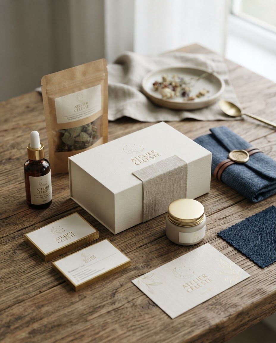 AI Design for Premium packaging mockup concept for Brand identity for my personal brand. Brand identity applied to realistic boxes, pouches, labels, wraps, or bags as appropriate, polished tabletop scene, tactile materials, no invented readable copy.