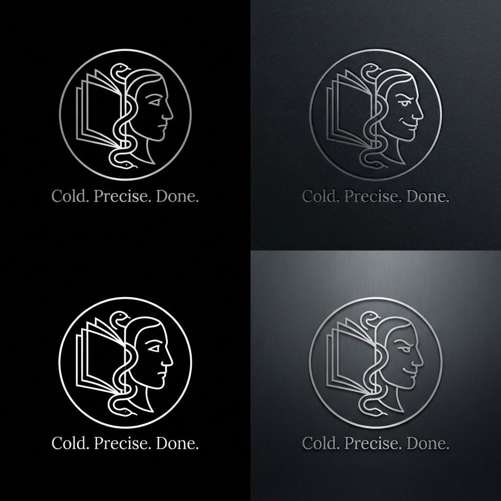 AI Design for Create a minimalist logo for a personal brand. Style: strict, expensive, cold, restrained. Only black, white and silver colors. No bright shades.

Central image: two-faced Janus — two faces looking in opposite directions. One face is calm and cold, the other is tough with a slight smirk. Faces are drawn with thin, clear lines, no extra details.

One side of the face smoothly transitions into an open book — the pages are a continuation of the profile. The book symbolizes literature, knowledge, control.

Second element: a thin snake coiling around the book or passing through the face. The snake is restrained, not aggressive — a symbol of coldness, greed and precision.

Logo shape: circle or vertical oval. Suitable for a social media avatar and for printing on business cards.

Replace the text. Use exactly: "Cold. Precise. Done." in a strict thin font below the logo. No other words. Background: transparent or deep black.  сделай ее в разных стилях на свое усмотрение