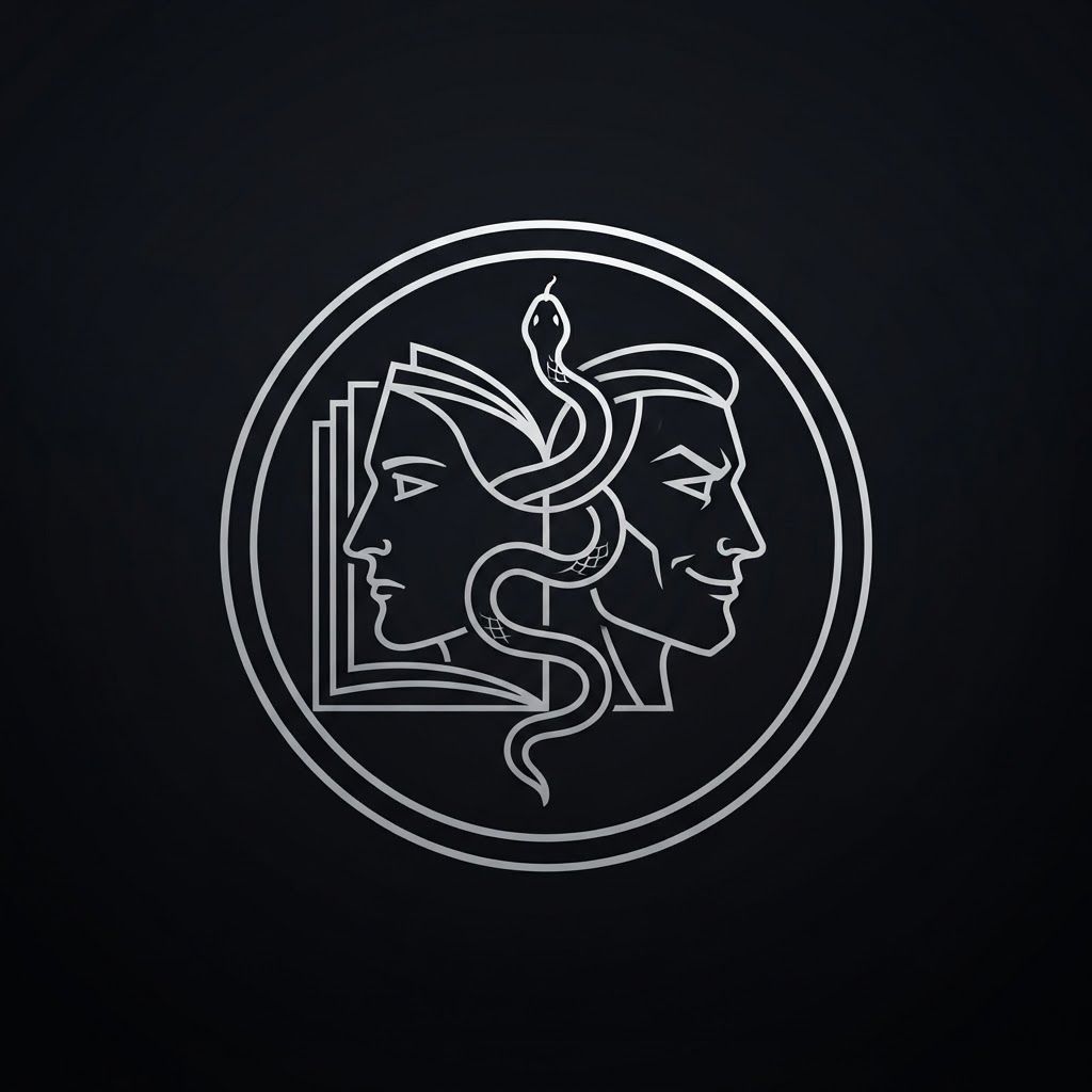 AI Design for Create a minimalist logo for a personal brand. Style: strict, expensive, cold, restrained. Only black, white and silver colors. No bright shades.

Central image: two-faced Janus — two faces looking in opposite directions. One face is calm and cold, the other is tough with a slight smirk. Faces are drawn with thin, clear lines, no extra details.

One side of the face smoothly transitions into an open book — the pages are a continuation of the profile. The book symbolizes literature, knowledge, control.

Second element: a thin snake coiling around the book or passing through the face. The snake is restrained, not aggressive — a symbol of coldness, greed and precision.

Logo shape: circle or vertical oval. Suitable for a social media avatar and for printing on business cards.

Background: transparent or deep black.