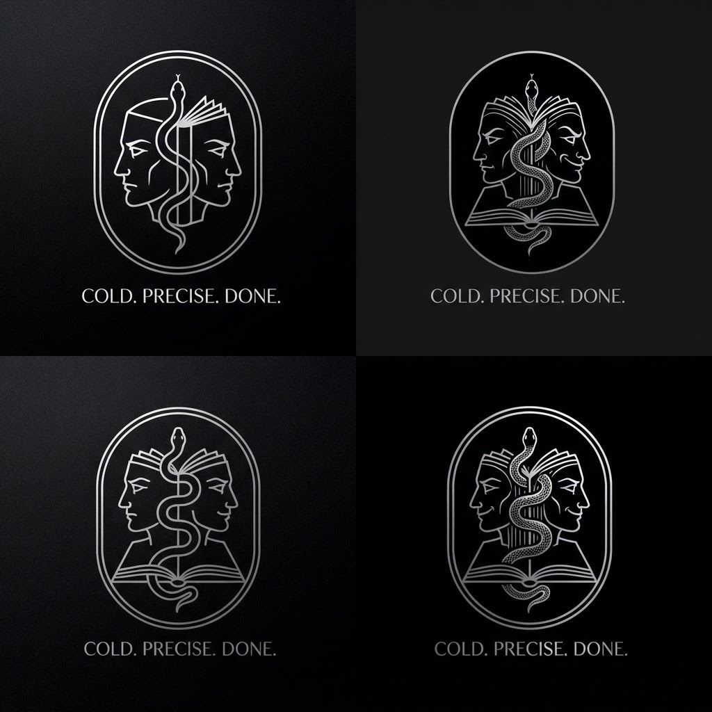 AI Design for Create a minimalist logo for a personal brand. Style: strict, expensive, cold, restrained. Only black, white and silver colors. No bright shades.

Central image: two-faced Janus — two faces looking in opposite directions. One face is calm and cold, the other is tough with a slight smirk. Faces are drawn with thin, clear lines, no extra details.

One side of the face smoothly transitions into an open book — the pages are a continuation of the profile. The book symbolizes literature, knowledge, control.

Second element: a thin snake coiling around the book or passing through the face. The snake is restrained, not aggressive — a symbol of coldness, greed and precision.

Logo shape: circle or vertical oval. Suitable for a social media avatar and for printing on business cards.

Replace the text. Use exactly: "Cold. Precise. Done." in a strict thin font below the logo. No other words. Background: transparent or deep black.  сделай ее в разных стилях на свое усмотрение