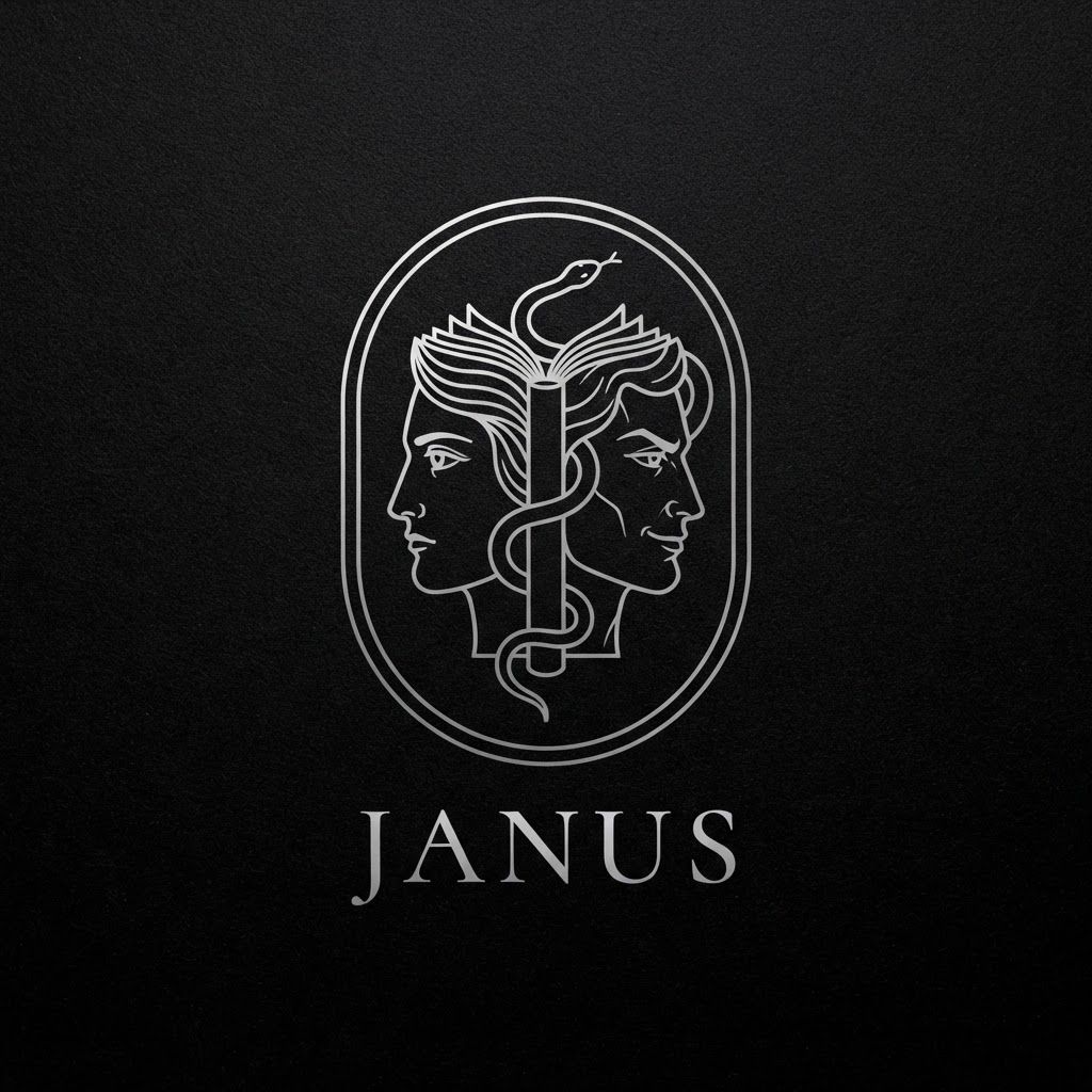 AI Design for Create a minimalist logo for a personal brand. Style: strict, expensive, cold, restrained. Only black, white and silver colors. No bright shades.
Central image: two-faced Janus — two faces looking in opposite directions. One face is calm and cold, the other is tough with a slight smirk. Faces are drawn with thin, clear lines, no extra details.
One side of the face smoothly transitions into an open book — the pages are a continuation of the profile. The book symbolizes literature, knowledge, control.
Second element: a thin snake coiling around the book or passing through the face. The snake is restrained, not aggressive — a symbol of coldness, greed and precision.
Logo shape: circle or vertical oval. Suitable for a social media avatar and for printing on business cards.
Background: transparent or deep black.