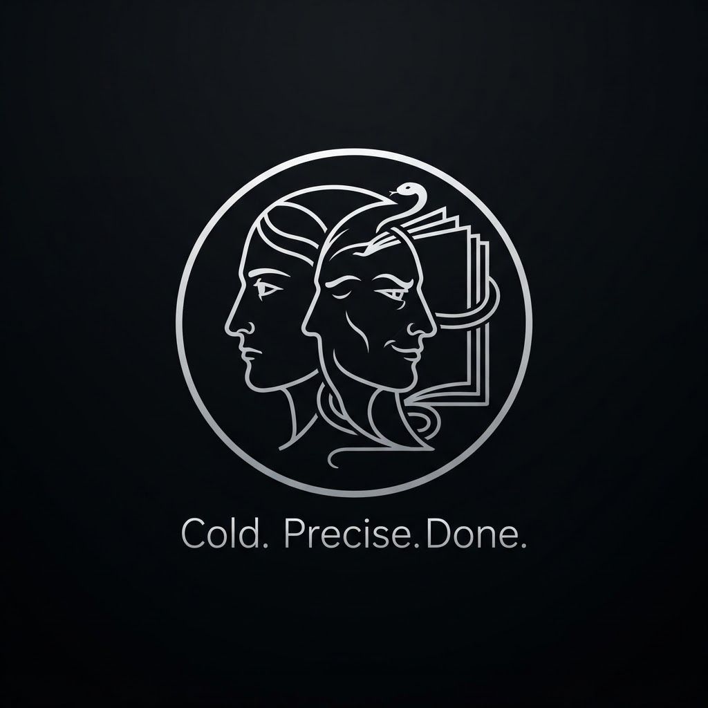 AI Design for Create a minimalist logo for a personal brand. Style: strict, expensive, cold, restrained. Only black, white and silver colors. No bright shades.

Central image: two-faced Janus — two faces looking in opposite directions. One face is calm and cold, the other is tough with a slight smirk. Faces are drawn with thin, clear lines, no extra details.

One side of the face smoothly transitions into an open book — the pages are a continuation of the profile. The book symbolizes literature, knowledge, control.

Second element: a thin snake coiling around the book or passing through the face. The snake is restrained, not aggressive — a symbol of coldness, greed and precision.

Logo shape: circle or vertical oval. Suitable for a social media avatar and for printing on business cards.

Replace the text. Use exactly: "Cold. Precise. Done." in a strict thin font below the logo. No other words. Background: transparent or deep black.