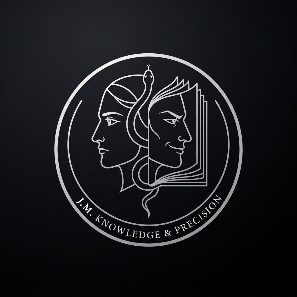 AI Design for Create a minimalist logo for a personal brand. Style: strict, expensive, cold, restrained. Only black, white and silver colors. No bright shades.
Central image: two-faced Janus — two faces looking in opposite directions. One face is calm and cold, the other is tough with a slight smirk. Faces are drawn with thin, clear lines, no extra details.
One side of the face smoothly transitions into an open book — the pages are a continuation of the profile. The book symbolizes literature, knowledge, control.
Second element: a thin snake coiling around the book or passing through the face. The snake is restrained, not aggressive — a symbol of coldness, greed and precision.
Logo shape: circle or vertical oval. Suitable for a social media avatar and for printing on business cards.
Background: transparent or deep black.