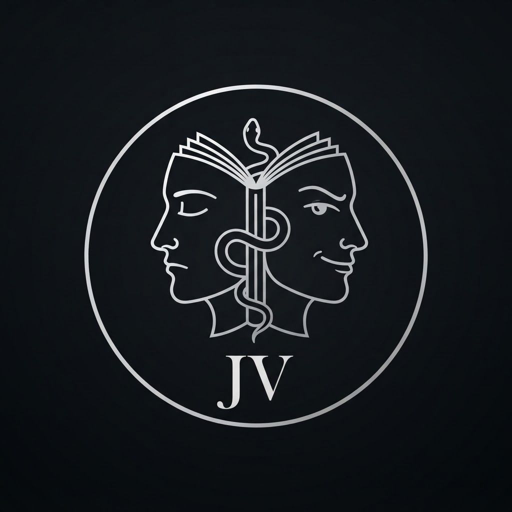 AI Design for Create a minimalist logo for a personal brand. Style: strict, expensive, cold, restrained. Only black, white and silver colors. No bright shades.

Central image: two-faced Janus — two faces looking in opposite directions. One face is calm and cold, the other is tough with a slight smirk. Faces are drawn with thin, clear lines, no extra details.

One side of the face smoothly transitions into an open book — the pages are a continuation of the profile. The book symbolizes literature, knowledge, control.

Second element: a thin snake coiling around the book or passing through the face. The snake is restrained, not aggressive — a symbol of coldness, greed and precision.

Logo shape: circle or vertical oval. Suitable for a social media avatar and for printing on business cards.

Background: transparent or deep black.
