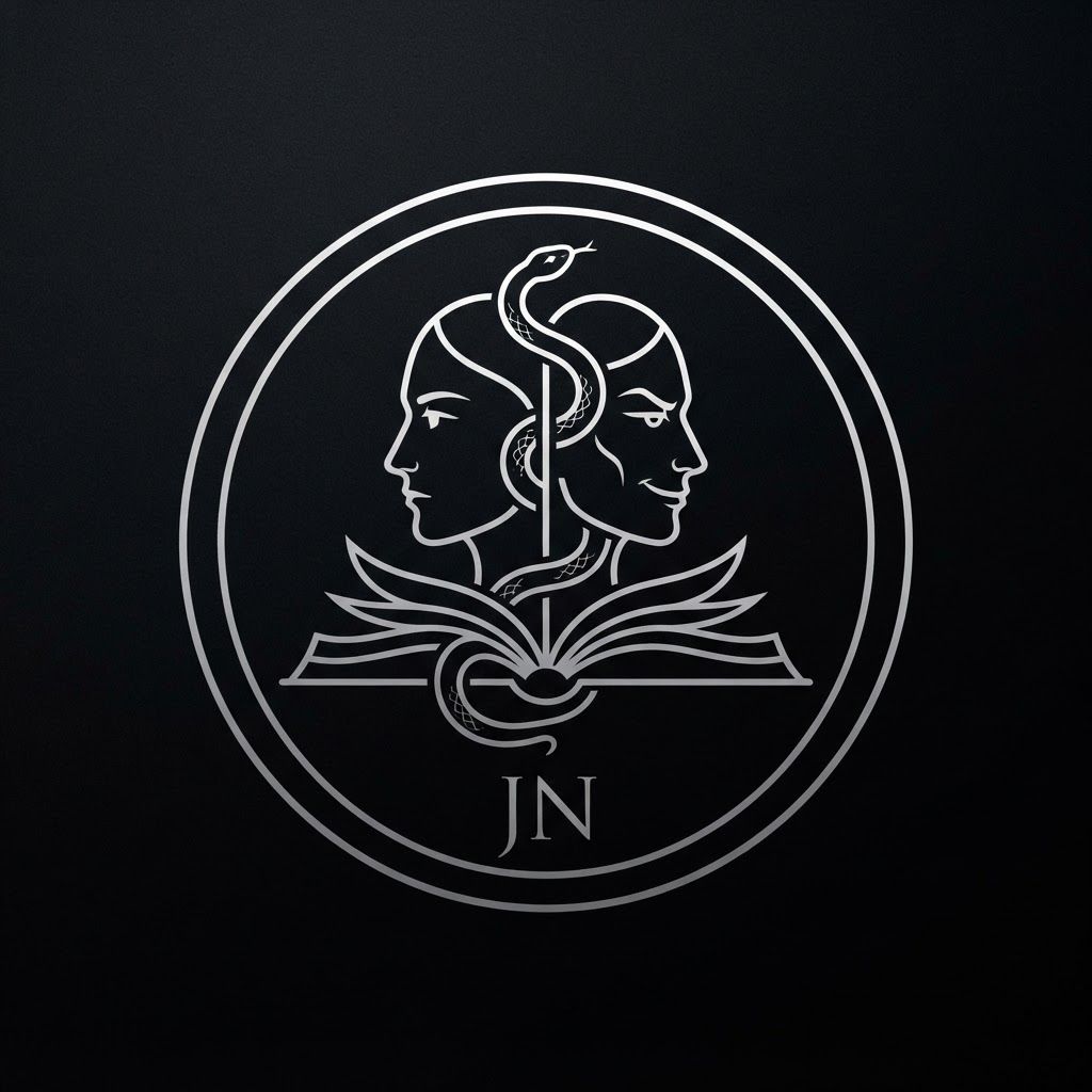 AI Design for Create a minimalist logo for a personal brand. Style: strict, expensive, cold, restrained. Only black, white and silver colors. No bright shades.

Central image: two-faced Janus — two faces looking in opposite directions. One face is calm and cold, the other is tough with a slight smirk. Faces are drawn with thin, clear lines, no extra details.

One side of the face smoothly transitions into an open book — the pages are a continuation of the profile. The book symbolizes literature, knowledge, control.

Second element: a thin snake coiling around the book or passing through the face. The snake is restrained, not aggressive — a symbol of coldness, greed and precision.

Logo shape: circle or vertical oval. Suitable for a social media avatar and for printing on business cards.

Background: transparent or deep black.