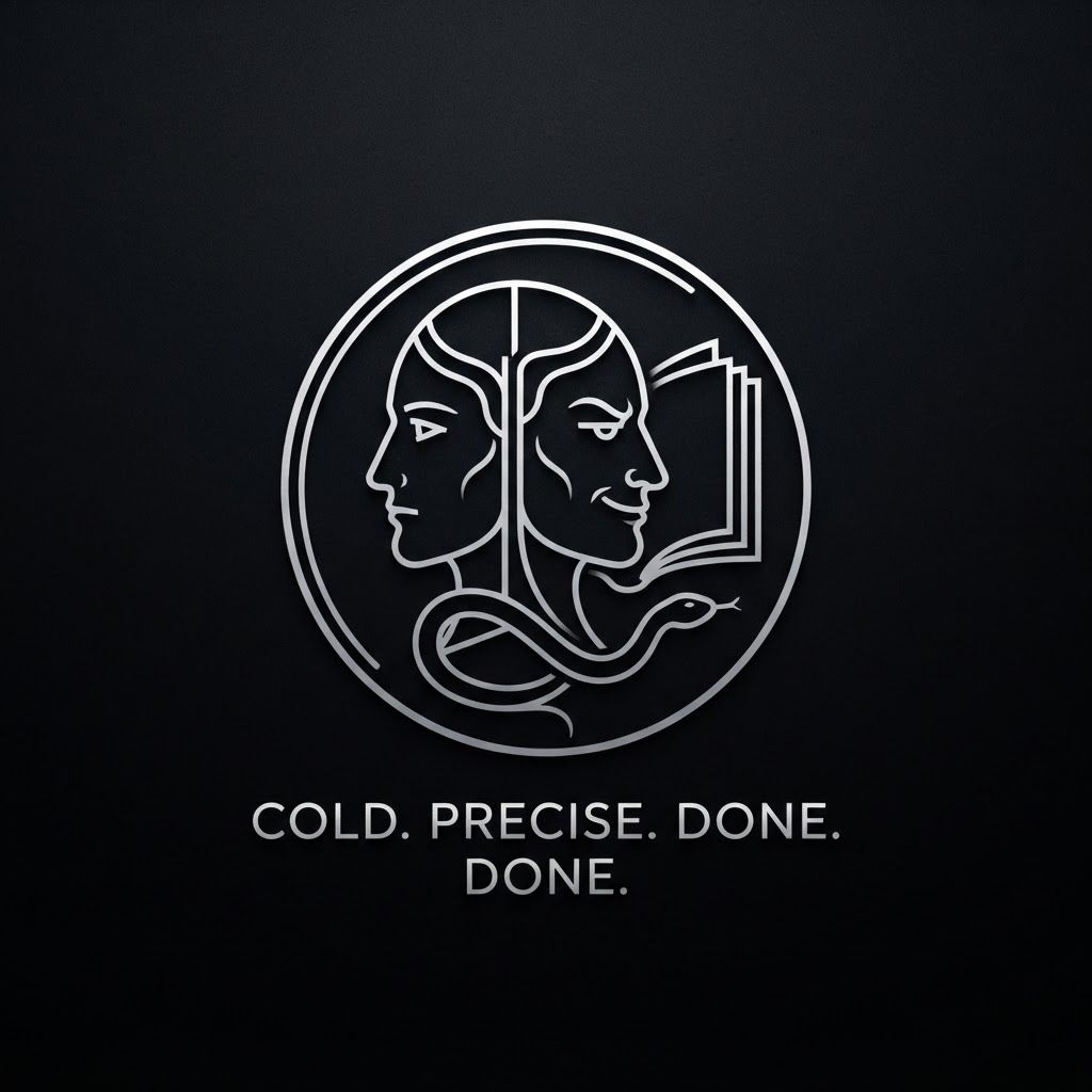 AI Design for Create a minimalist logo for a personal brand. Style: strict, expensive, cold, restrained. Only black, white and silver colors. No bright shades.

Central image: two-faced Janus — two faces looking in opposite directions. One face is calm and cold, the other is tough with a slight smirk. Faces are drawn with thin, clear lines, no extra details.

One side of the face smoothly transitions into an open book — the pages are a continuation of the profile. The book symbolizes literature, knowledge, control.

Second element: a thin snake coiling around the book or passing through the face. The snake is restrained, not aggressive — a symbol of coldness, greed and precision.

Logo shape: circle or vertical oval. Suitable for a social media avatar and for printing on business cards.

Replace the text. Use exactly: "Cold. Precise. Done." in a strict thin font below the logo. No other words. Background: transparent or deep black.
