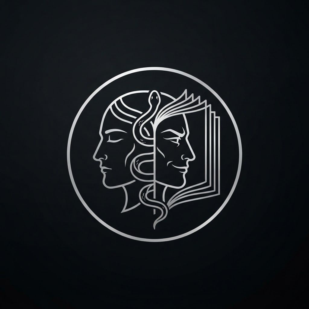 AI Design for Create a minimalist logo for a personal brand. Style: strict, expensive, cold, restrained. Only black, white and silver colors. No bright shades.
Central image: two-faced Janus — two faces looking in opposite directions. One face is calm and cold, the other is tough with a slight smirk. Faces are drawn with thin, clear lines, no extra details.
One side of the face smoothly transitions into an open book — the pages are a continuation of the profile. The book symbolizes literature, knowledge, control.
Second element: a thin snake coiling around the book or passing through the face. The snake is restrained, not aggressive — a symbol of coldness, greed and precision.
Logo shape: circle or vertical oval. Suitable for a social media avatar and for printing on business cards.
Background: transparent or deep black.