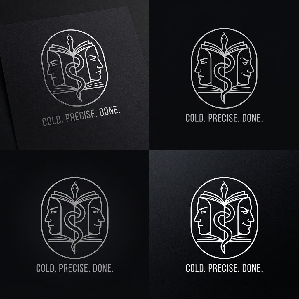 AI Design for Create a minimalist logo for a personal brand. Style: strict, expensive, cold, restrained. Only black, white and silver colors. No bright shades.

Central image: two-faced Janus — two faces looking in opposite directions. One face is calm and cold, the other is tough with a slight smirk. Faces are drawn with thin, clear lines, no extra details.

One side of the face smoothly transitions into an open book — the pages are a continuation of the profile. The book symbolizes literature, knowledge, control.

Second element: a thin snake coiling around the book or passing through the face. The snake is restrained, not aggressive — a symbol of coldness, greed and precision.

Logo shape: circle or vertical oval. Suitable for a social media avatar and for printing on business cards.

Replace the text. Use exactly: "Cold. Precise. Done." in a strict thin font below the logo. No other words. Background: transparent or deep black.  сделай ее в разных стилях на свое усмотрение