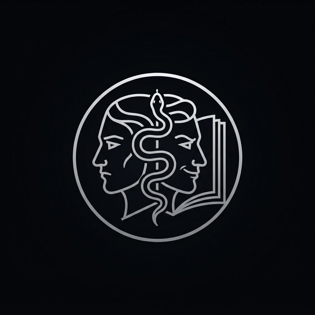 AI Design for Create a minimalist logo for a personal brand. Style: strict, expensive, cold, restrained. Only black, white and silver colors. No bright shades.

Central image: two-faced Janus — two faces looking in opposite directions. One face is calm and cold, the other is tough with a slight smirk. Faces are drawn with thin, clear lines, no extra details.

One side of the face smoothly transitions into an open book — the pages are a continuation of the profile. The book symbolizes literature, knowledge, control.

Second element: a thin snake coiling around the book or passing through the face. The snake is restrained, not aggressive — a symbol of coldness, greed and precision.

Logo shape: circle or vertical oval. Suitable for a social media avatar and for printing on business cards.

Background: transparent or deep black.
