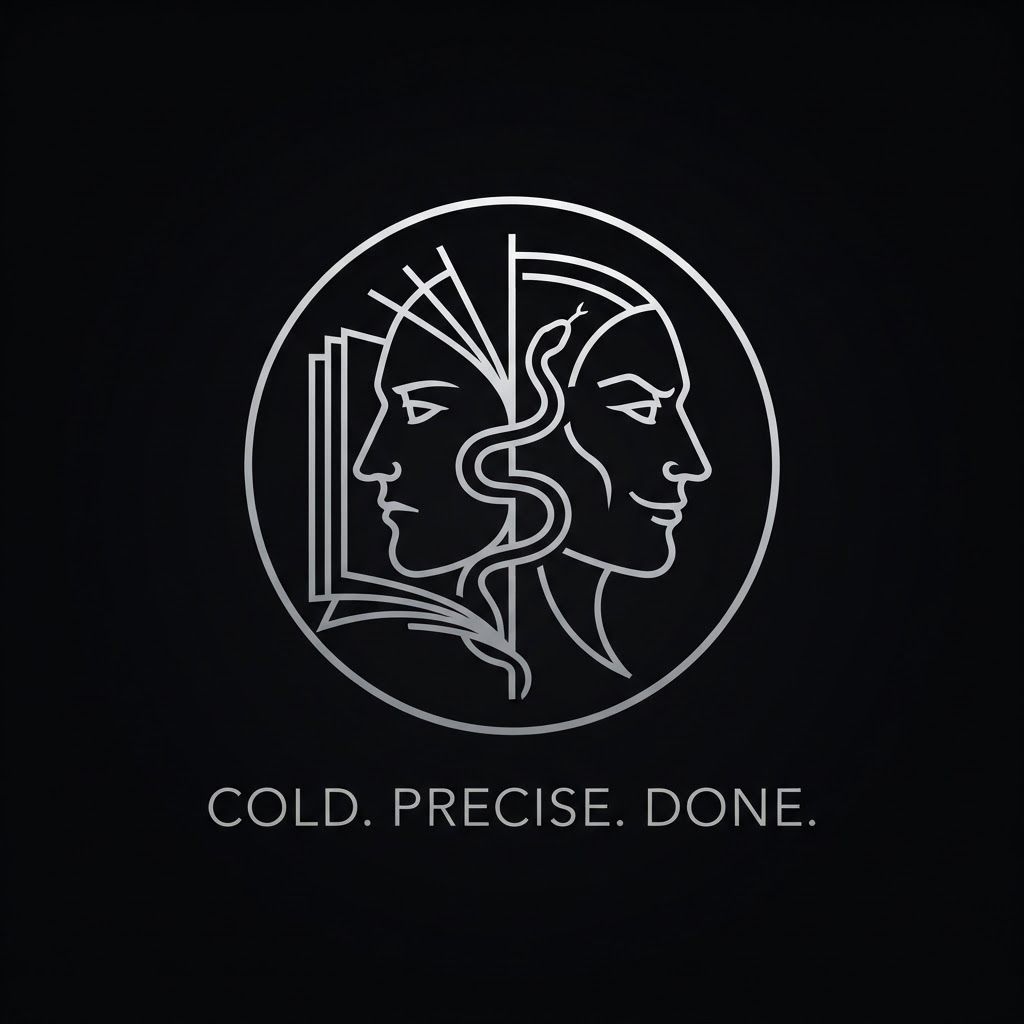 AI Design for Create a minimalist logo for a personal brand. Style: strict, expensive, cold, restrained. Only black, white and silver colors. No bright shades.

Central image: two-faced Janus — two faces looking in opposite directions. One face is calm and cold, the other is tough with a slight smirk. Faces are drawn with thin, clear lines, no extra details.

One side of the face smoothly transitions into an open book — the pages are a continuation of the profile. The book symbolizes literature, knowledge, control.

Second element: a thin snake coiling around the book or passing through the face. The snake is restrained, not aggressive — a symbol of coldness, greed and precision.

Logo shape: circle or vertical oval. Suitable for a social media avatar and for printing on business cards.

Replace the text. Use exactly: "Cold. Precise. Done." in a strict thin font below the logo. No other words. Background: transparent or deep black.
