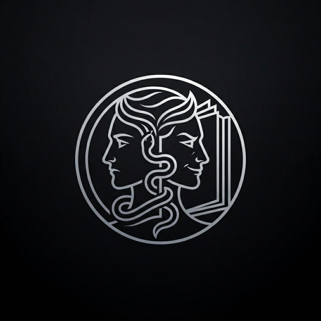 AI Design for Create a minimalist logo for a personal brand. Style: strict, expensive, cold, restrained. Only black, white and silver colors. No bright shades.

Central image: two-faced Janus — two faces looking in opposite directions. One face is calm and cold, the other is tough with a slight smirk. Faces are drawn with thin, clear lines, no extra details.

One side of the face smoothly transitions into an open book — the pages are a continuation of the profile. The book symbolizes literature, knowledge, control.

Second element: a thin snake coiling around the book or passing through the face. The snake is restrained, not aggressive — a symbol of coldness, greed and precision.

Logo shape: circle or vertical oval. Suitable for a social media avatar and for printing on business cards.

Background: transparent or deep black.