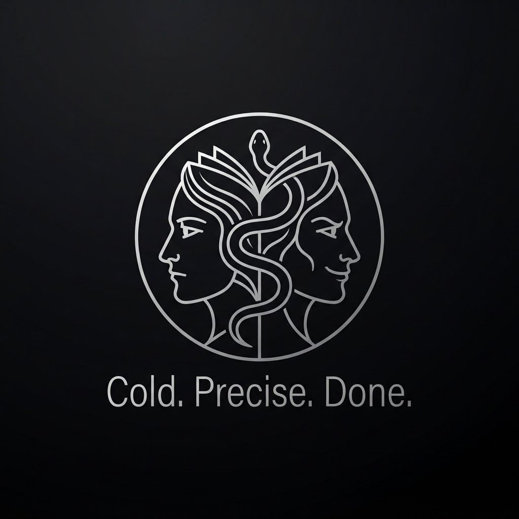 AI Design for Create a minimalist logo for a personal brand. Style: strict, expensive, cold, restrained. Only black, white and silver colors. No bright shades.

Central image: two-faced Janus — two faces looking in opposite directions. One face is calm and cold, the other is tough with a slight smirk. Faces are drawn with thin, clear lines, no extra details.

One side of the face smoothly transitions into an open book — the pages are a continuation of the profile. The book symbolizes literature, knowledge, control.

Second element: a thin snake coiling around the book or passing through the face. The snake is restrained, not aggressive — a symbol of coldness, greed and precision.

Logo shape: circle or vertical oval. Suitable for a social media avatar and for printing on business cards.

Replace the text. Use exactly: "Cold. Precise. Done." in a strict thin font below the logo. No other words. Background: transparent or deep black.