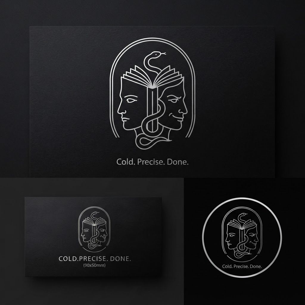 AI Design for Create a minimalist logo for a personal brand. Style: strict, expensive, cold, restrained. Only black, white and silver colors. No bright shades.

Central image: two-faced Janus — two faces looking in opposite directions. One face is calm and cold, the other is tough with a slight smirk. Faces are drawn with thin, clear lines, no extra details.

One side of the face smoothly transitions into an open book — the pages are a continuation of the profile. The book symbolizes literature, knowledge, control.

Second element: a thin snake coiling around the book or passing through the face. The snake is restrained, not aggressive — a symbol of coldness, greed and precision.

Logo shape: circle or vertical oval. Suitable for a social media avatar and for printing on business cards.

Replace the text. Use exactly: "Cold. Precise. Done." in a strict thin font below the logo. No other words. Background: transparent or deep black.  сделай ее в разных стилях на свое усмотрение