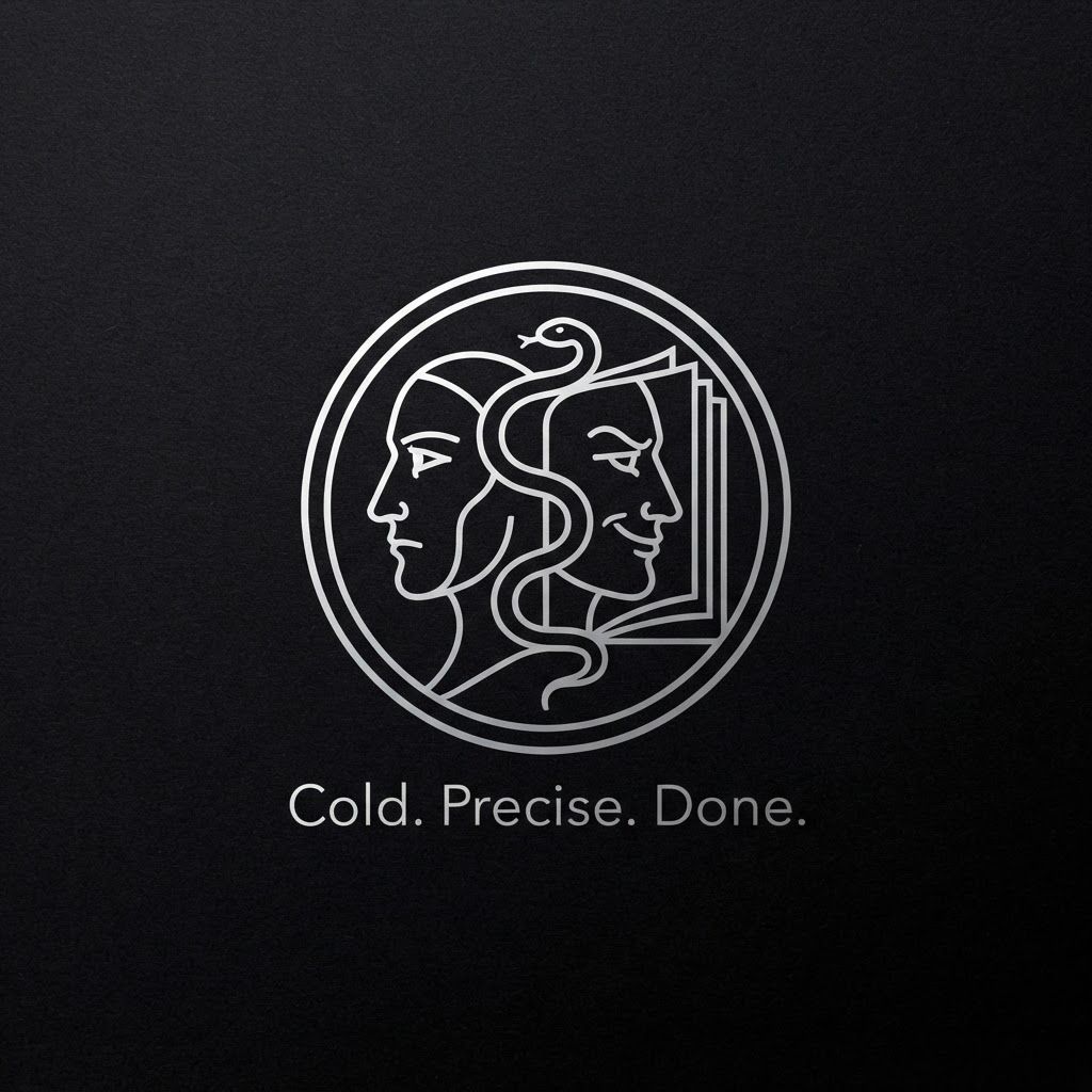 AI Design for Create a minimalist logo for a personal brand. Style: strict, expensive, cold, restrained. Only black, white and silver colors. No bright shades.

Central image: two-faced Janus — two faces looking in opposite directions. One face is calm and cold, the other is tough with a slight smirk. Faces are drawn with thin, clear lines, no extra details.

One side of the face smoothly transitions into an open book — the pages are a continuation of the profile. The book symbolizes literature, knowledge, control.

Second element: a thin snake coiling around the book or passing through the face. The snake is restrained, not aggressive — a symbol of coldness, greed and precision.

Logo shape: circle or vertical oval. Suitable for a social media avatar and for printing on business cards.

Replace the text. Use exactly: "Cold. Precise. Done." in a strict thin font below the logo. No other words. Background: transparent or deep black.  сделай ее в разных стилях на свое усмотрение