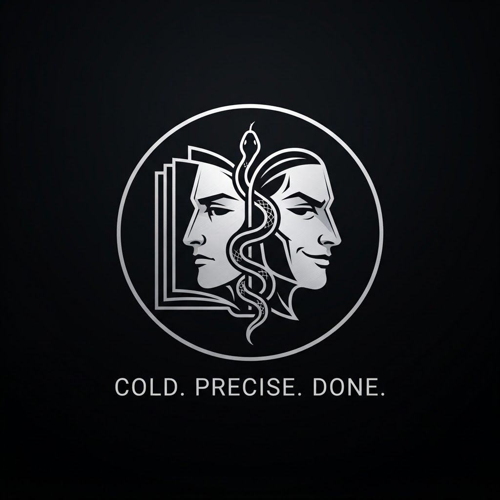 AI Design for Create a minimalist logo for a personal brand. Style: strict, expensive, cold, restrained. Only black, white and silver colors. No bright shades.

Central image: two-faced Janus — two faces looking in opposite directions. One face is calm and cold, the other is tough with a slight smirk. Faces are drawn with thin, clear lines, no extra details.

One side of the face smoothly transitions into an open book — the pages are a continuation of the profile. The book symbolizes literature, knowledge, control.

Second element: a thin snake coiling around the book or passing through the face. The snake is restrained, not aggressive — a symbol of coldness, greed and precision.

Logo shape: circle or vertical oval. Suitable for a social media avatar and for printing on business cards.

Replace the text. Use exactly: "Cold. Precise. Done." in a strict thin font below the logo. No other words. Background: transparent or deep black.