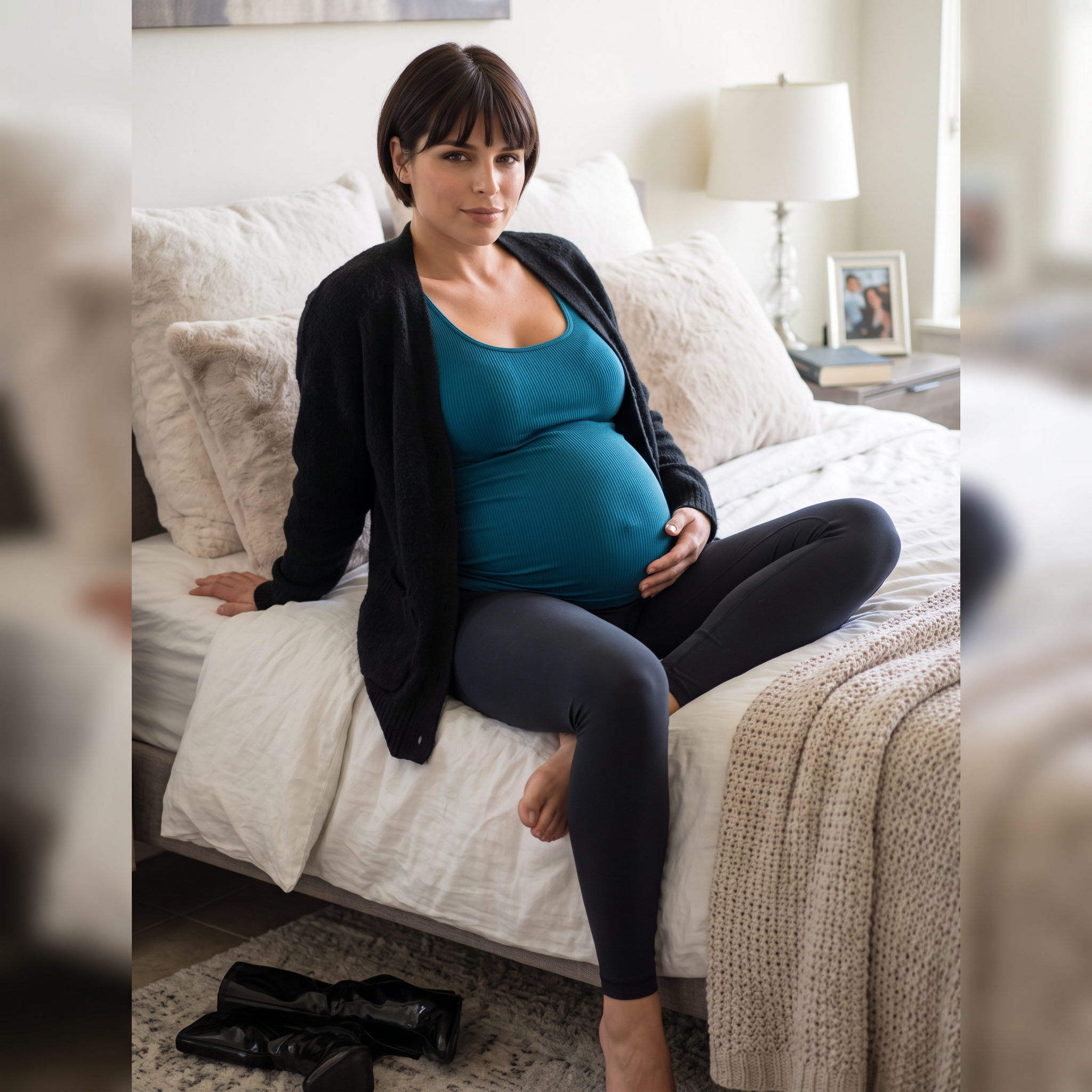 AI Design for this hot pregnant woman is sitting on a bed sexy pose