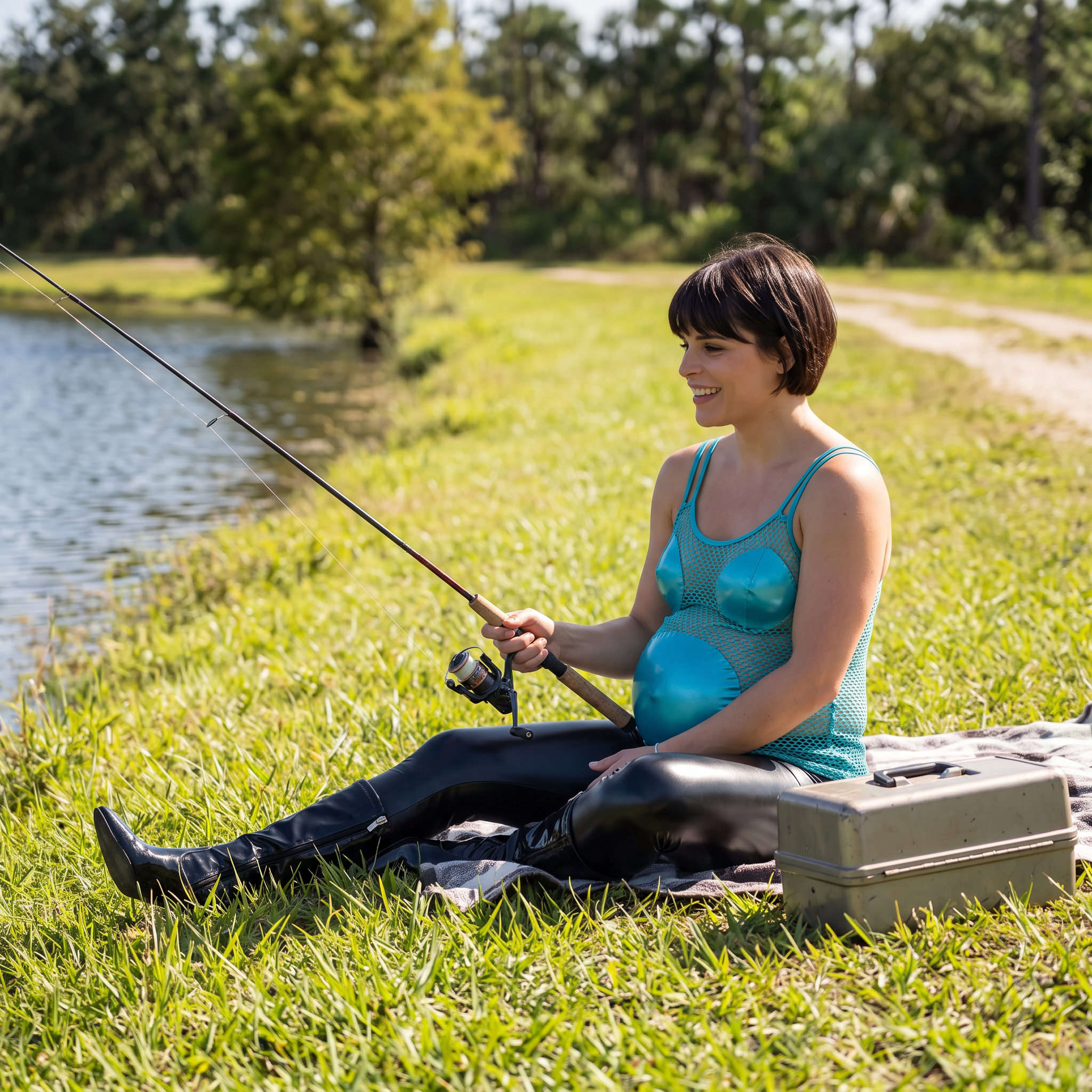 AI Design for this hot pregnant woman is fishing and sitting on a field