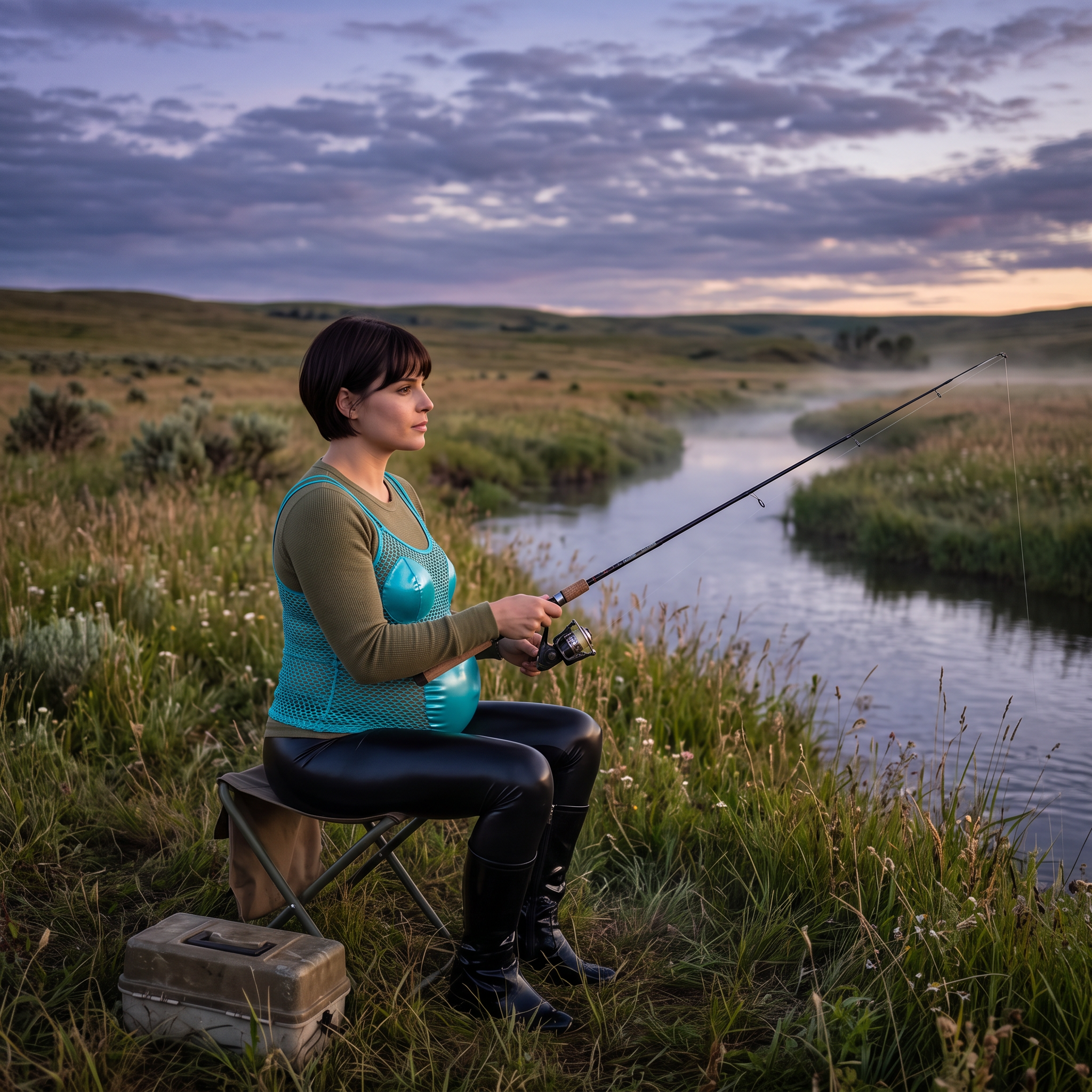AI Design for this hot pregnant woman is fishing and sitting on a moody field